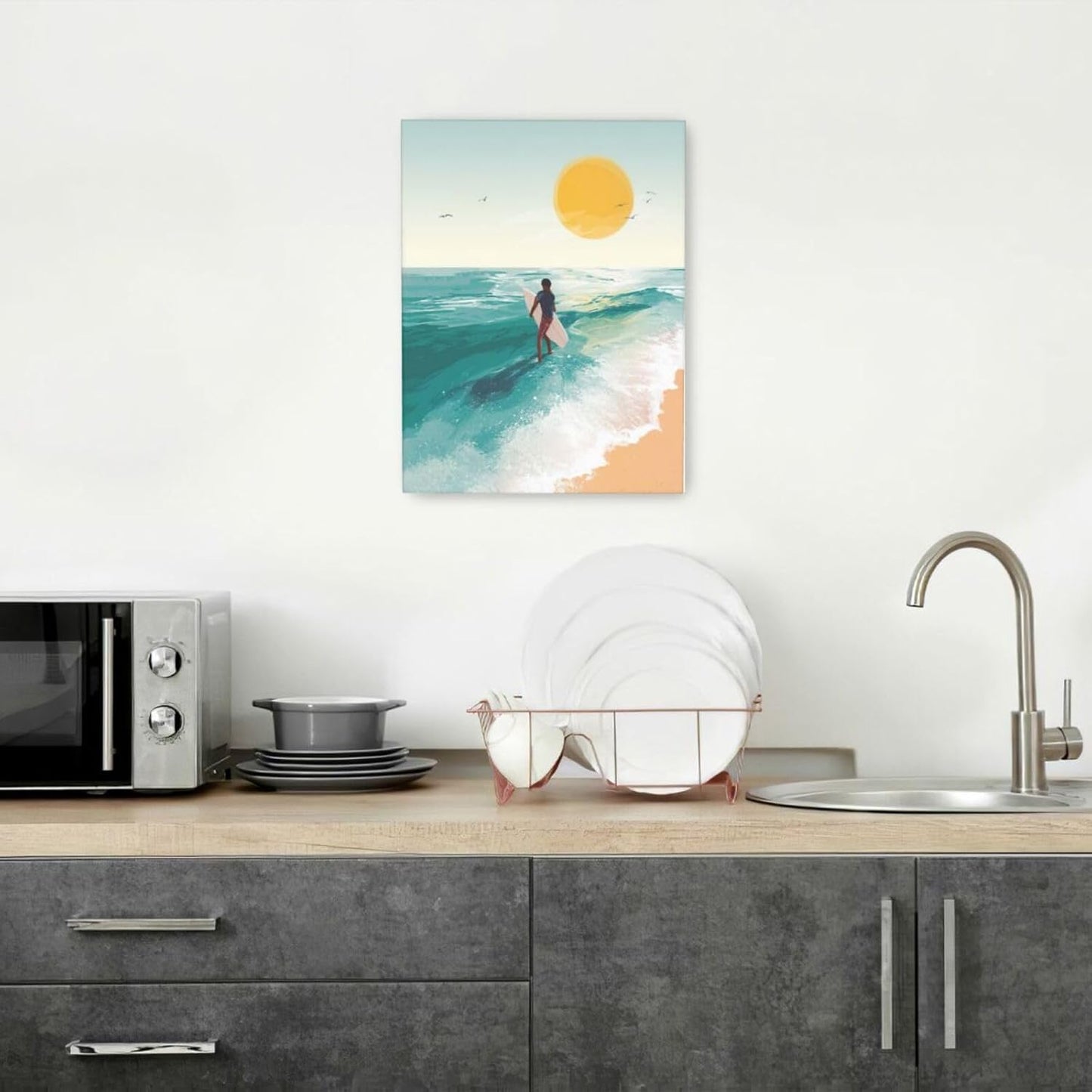 Beach Surfing Wall Art Ocean Coastal Wave Canvas Wall Decor Summer Nature Seascape Pictures Painting Print Framed Artwork Decorations for Bathroom Living Room Office Bedroom 12"x16"