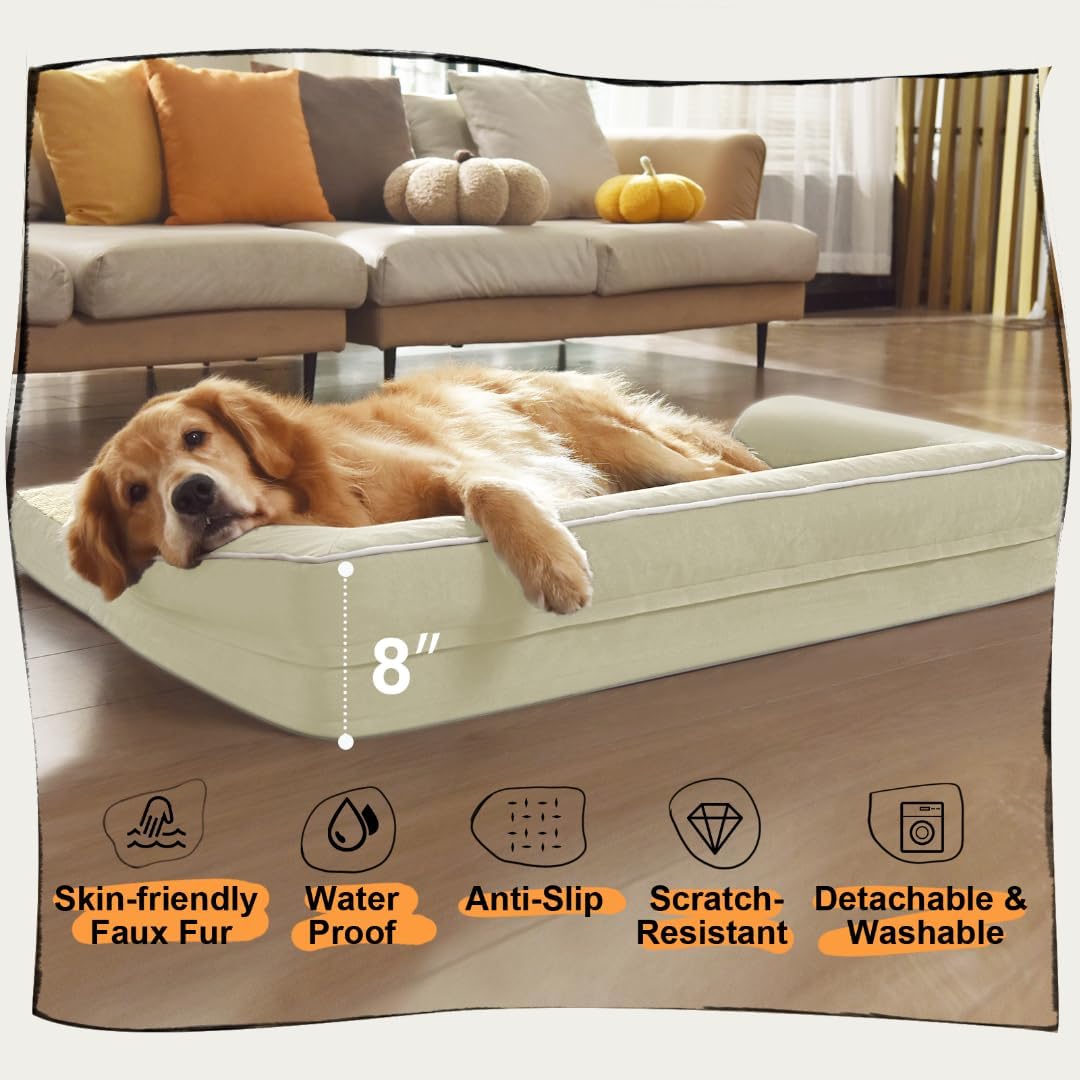 Large Dog Bed Orthopedic Washable: Extra XL XLarge Big Dog Bed with Washable Bolster & Memory Foam Couch Sofa - Waterproof with Removable Cover - Beige