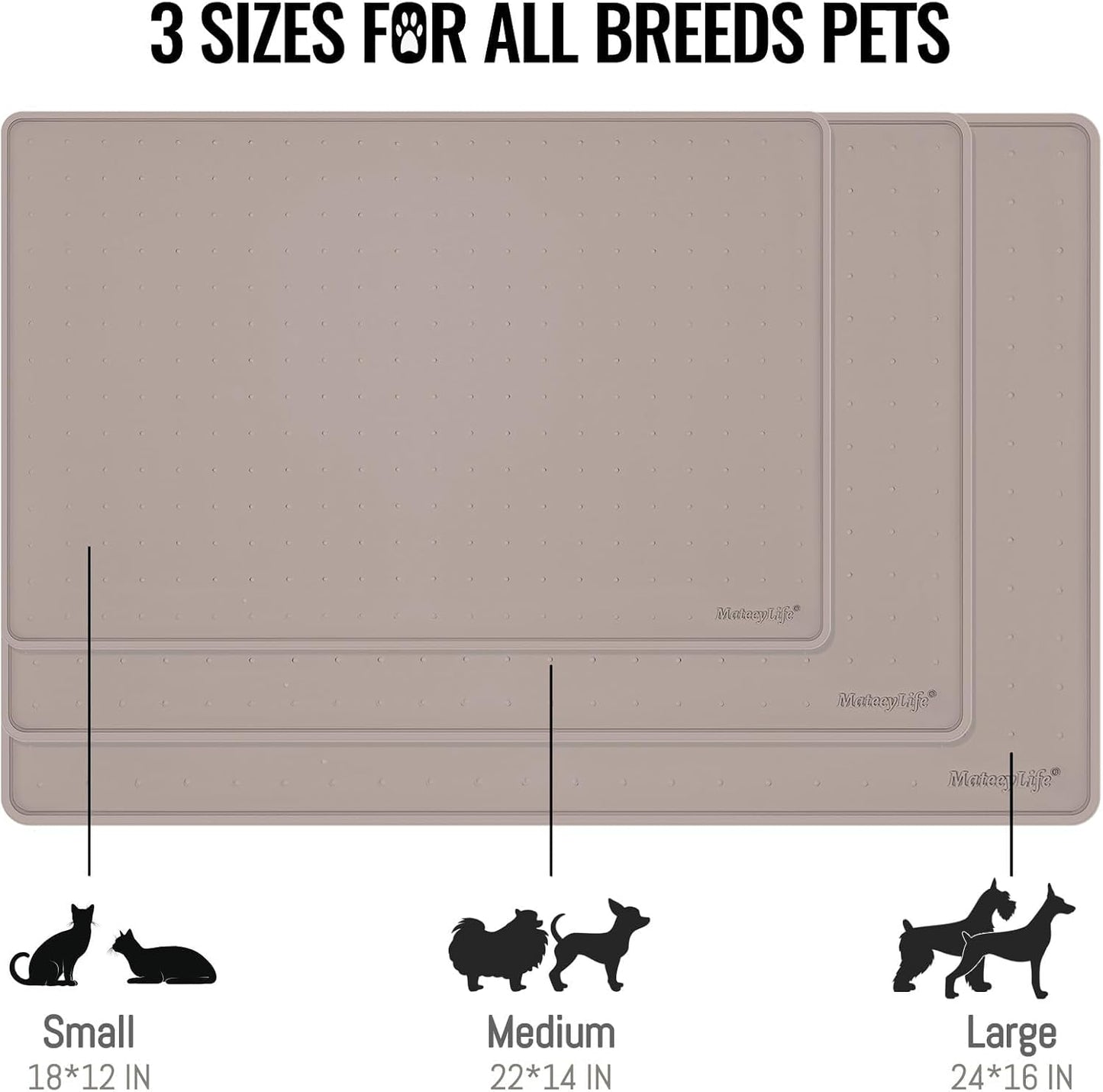 MateeyLife Dog & Cat Food Water Mat for Floors Waterproof, Nonslip Pets Bowl Feeding Mats with Raised Edges, Silicone Matt Tray for Messy Drinkers, 24"x16", Taupe