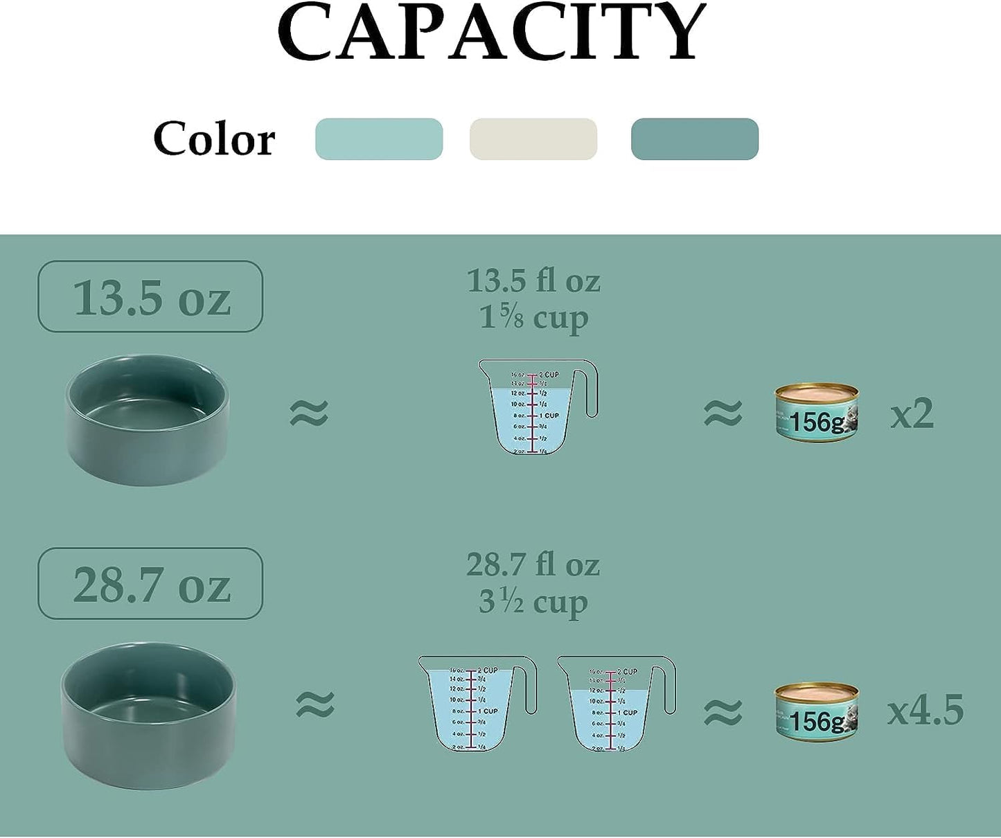 SPUNKYJUNKY Ceramic Dog and Cat Bowl Set with Wooden Stand, Modern Cute Weighted Food Water Set for Small Size Dogs (13.5OZ) & Medium Sized Dogs (28.7OZ) & Cats (1.7 Cups, 2 × Morandi Green)