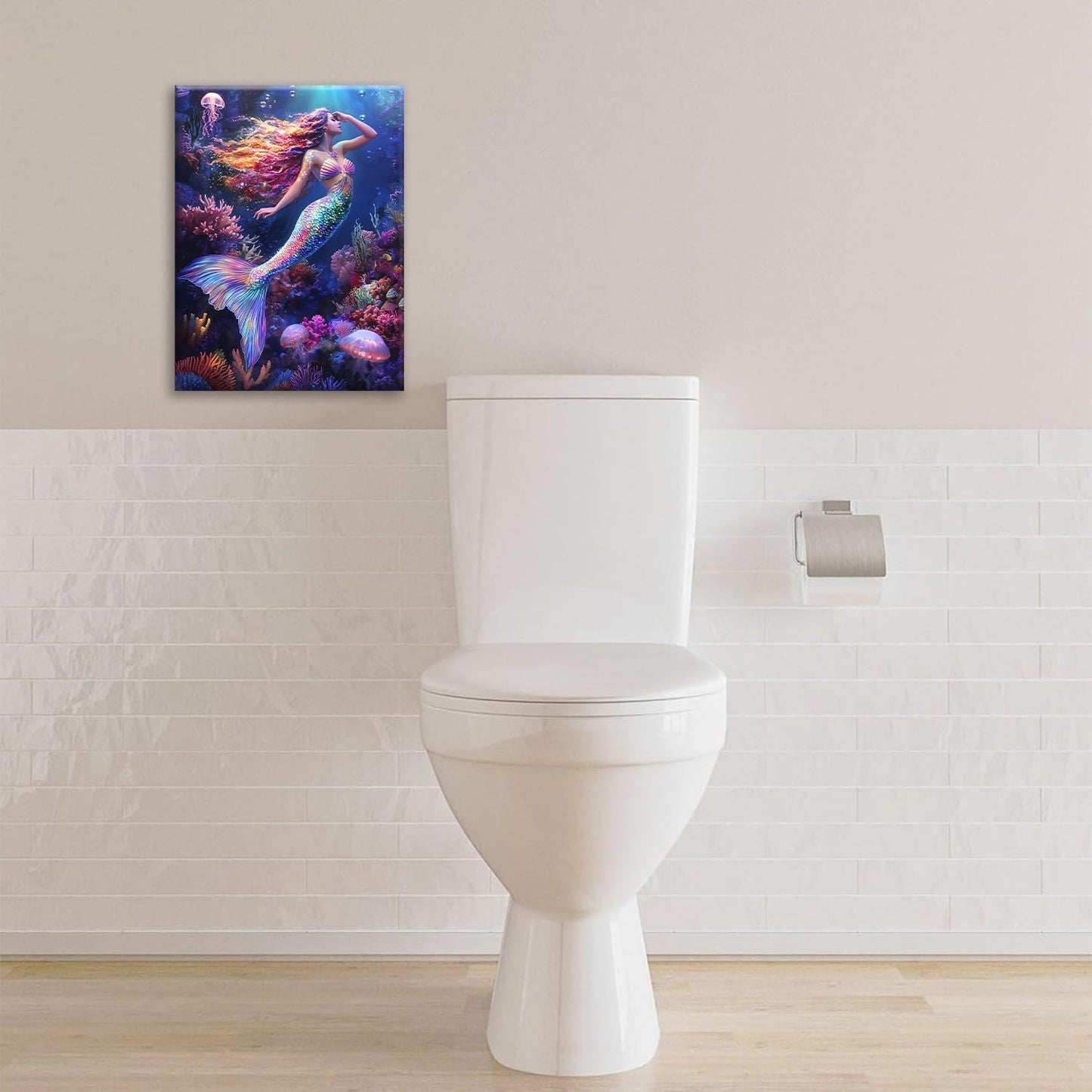 Sea Mermaid Bathroom Pictures Wall Art, Ocean Mermaid Bathroom Wall Decor, Aesthetics Framed Painting Canvas Artwork for Bedroom Living Room Decorations 20"L x 16"W