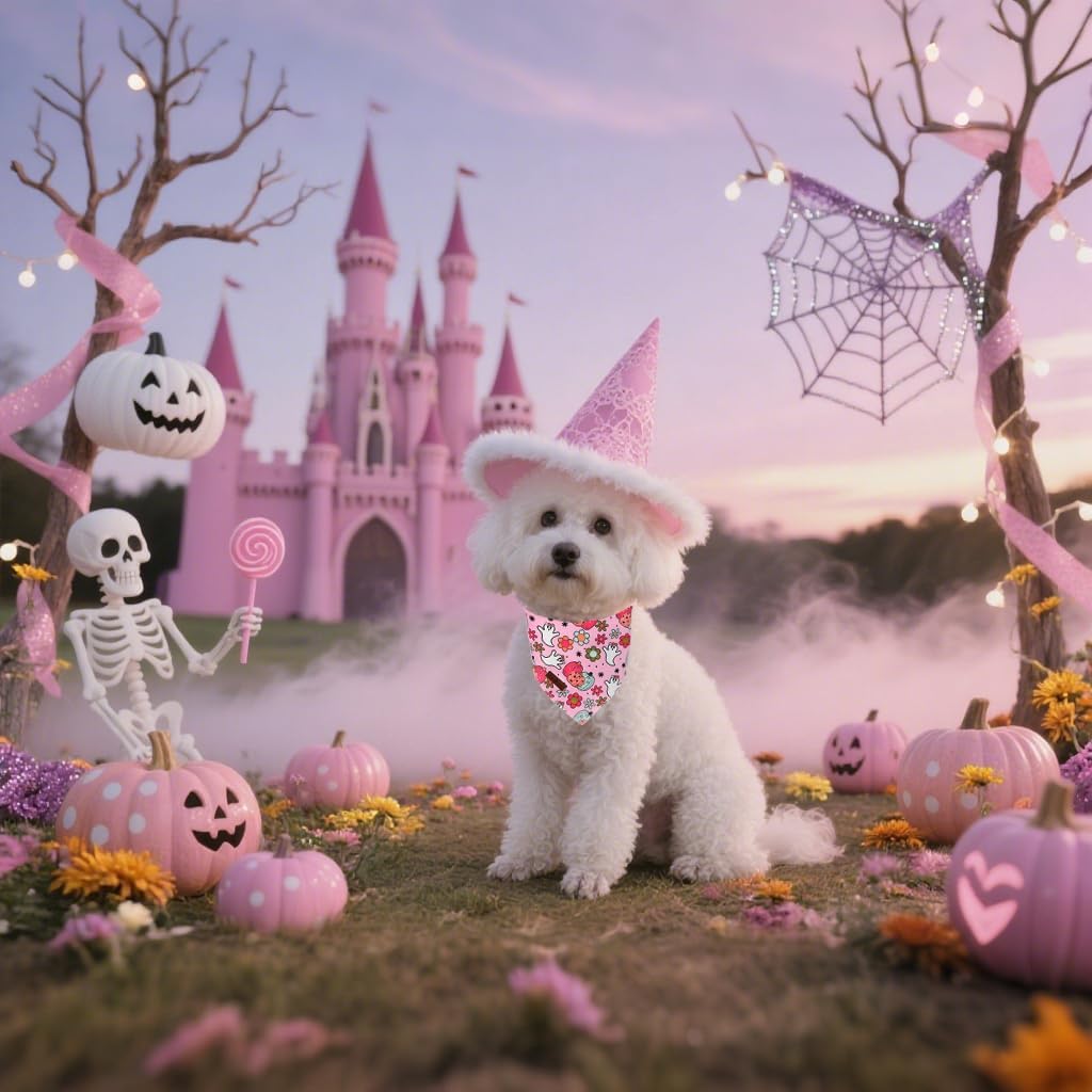 Lionet Paws Halloween Dog Bandana Washable Cotton Handkerchief Scarf Triangle Flower Ghost Pink Bandanas for Medium Large Dogs Girl