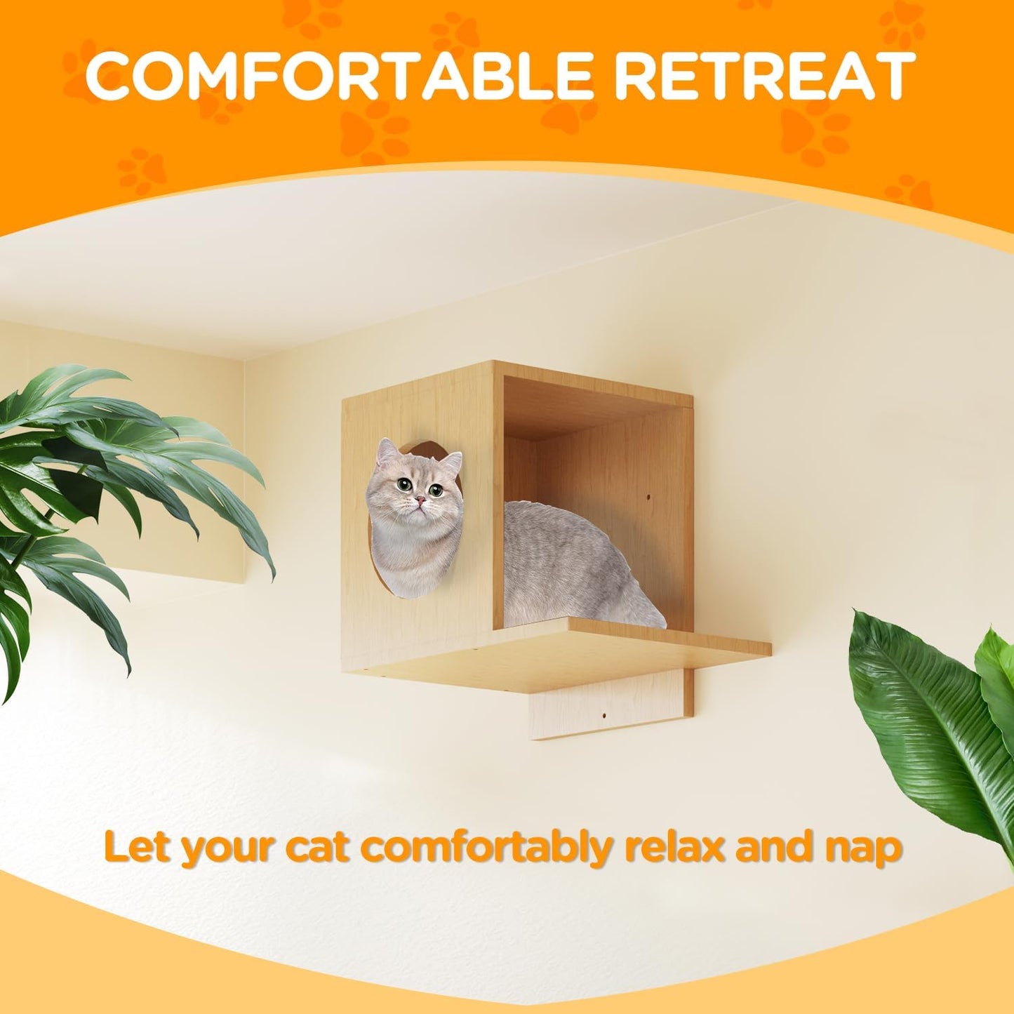 MeowHomm Cat Wall Shelves, Set of 5 Wooden Cat Wall Furniture with Cat Condo, Cat Scratching Post with 3 Steps, Bridge, Cat Hammocks and Scratcher