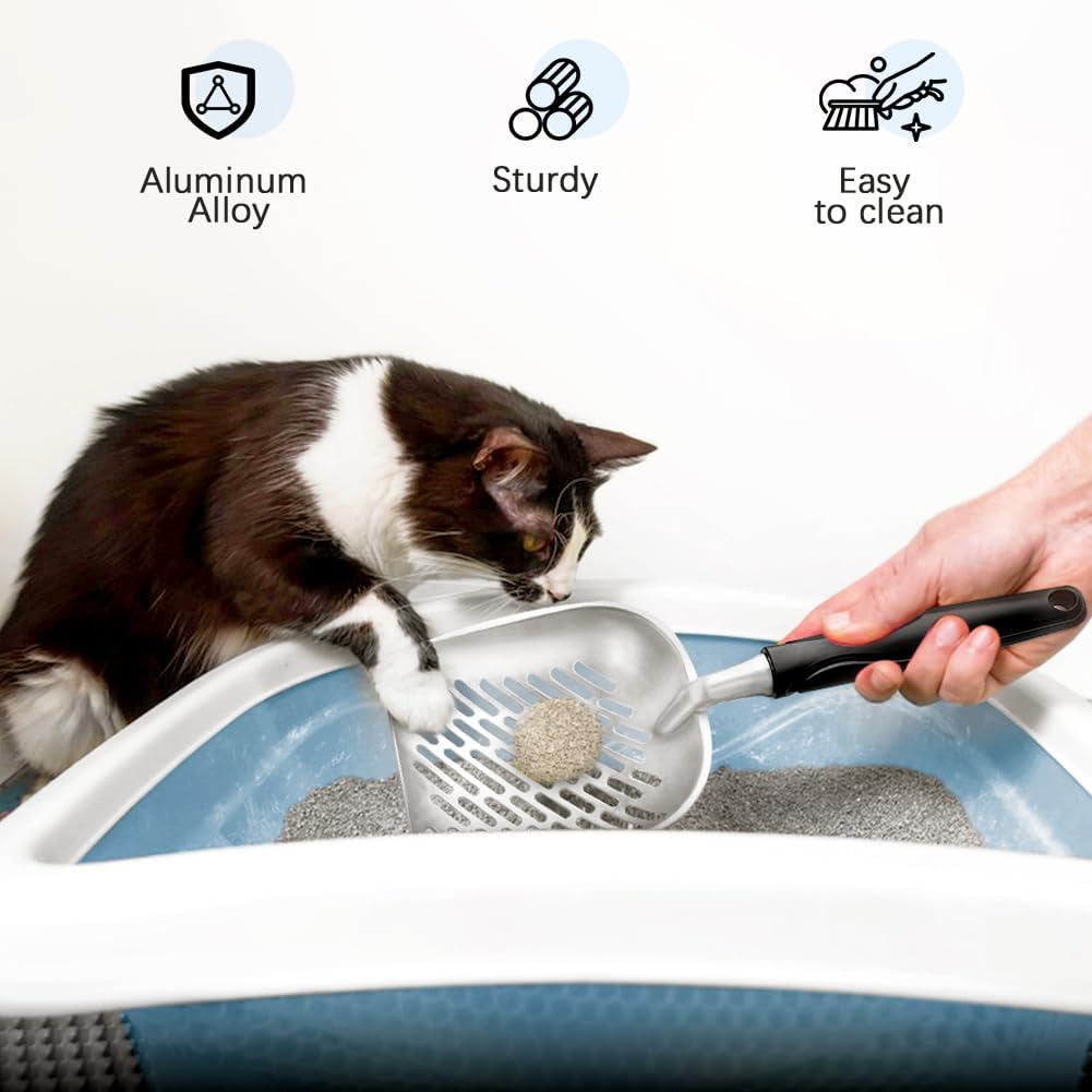 Cat Litter Scoop,Long Handle Cat Scooper,Stainless Steel Metal Scoop,Poop Sifting,Mesh Shovel,Suitable for Cat Litter Box(Black)