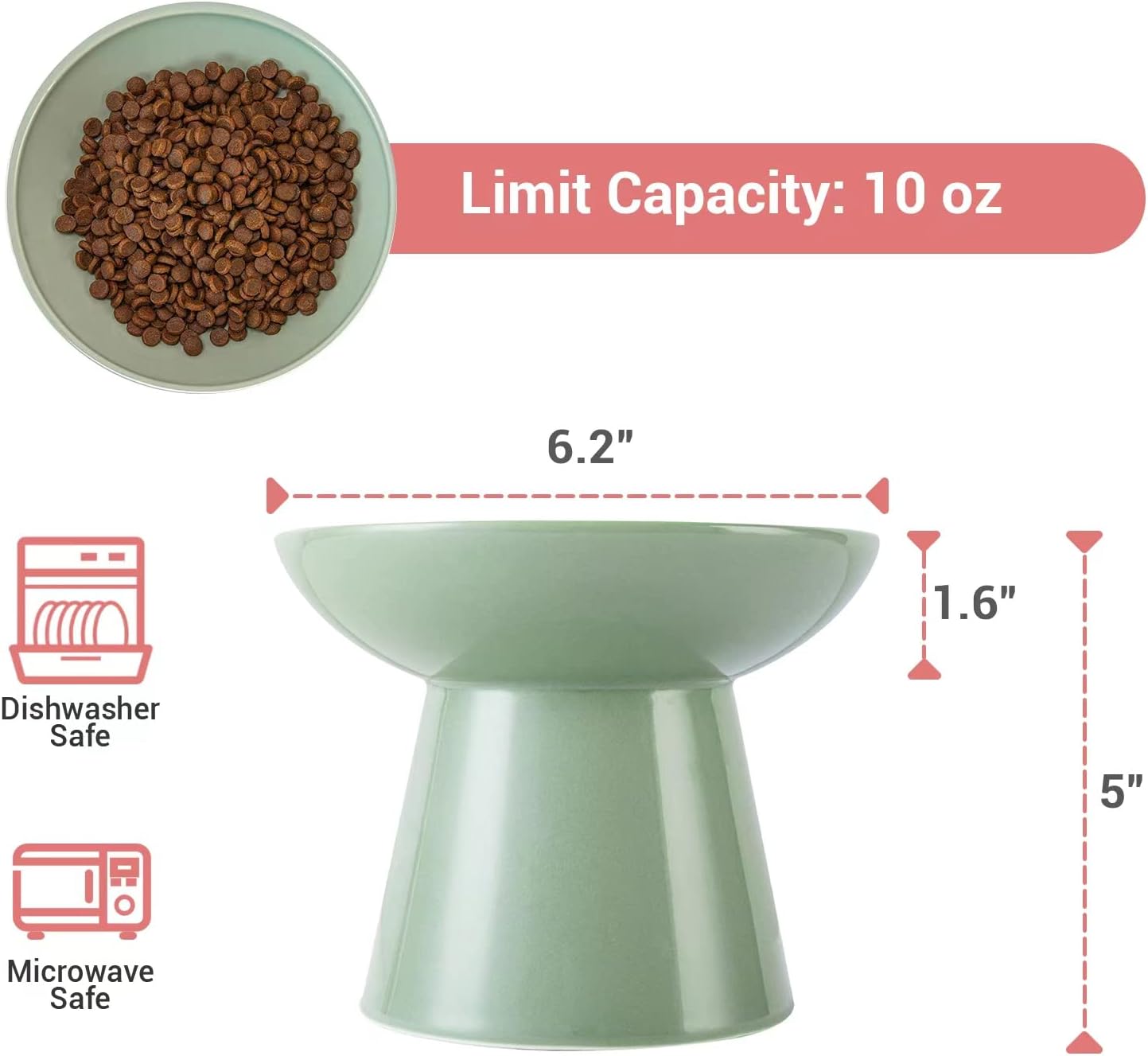 Extra Wide Elevated Ceramic Cat Food Bowl - 6.2" Shallow Dish for Whisker Fatigue Relief, 5" Height for Easy Feeding, Lead & Cadmium Free, Durable Raised Cat Food Bowls, Sage Green