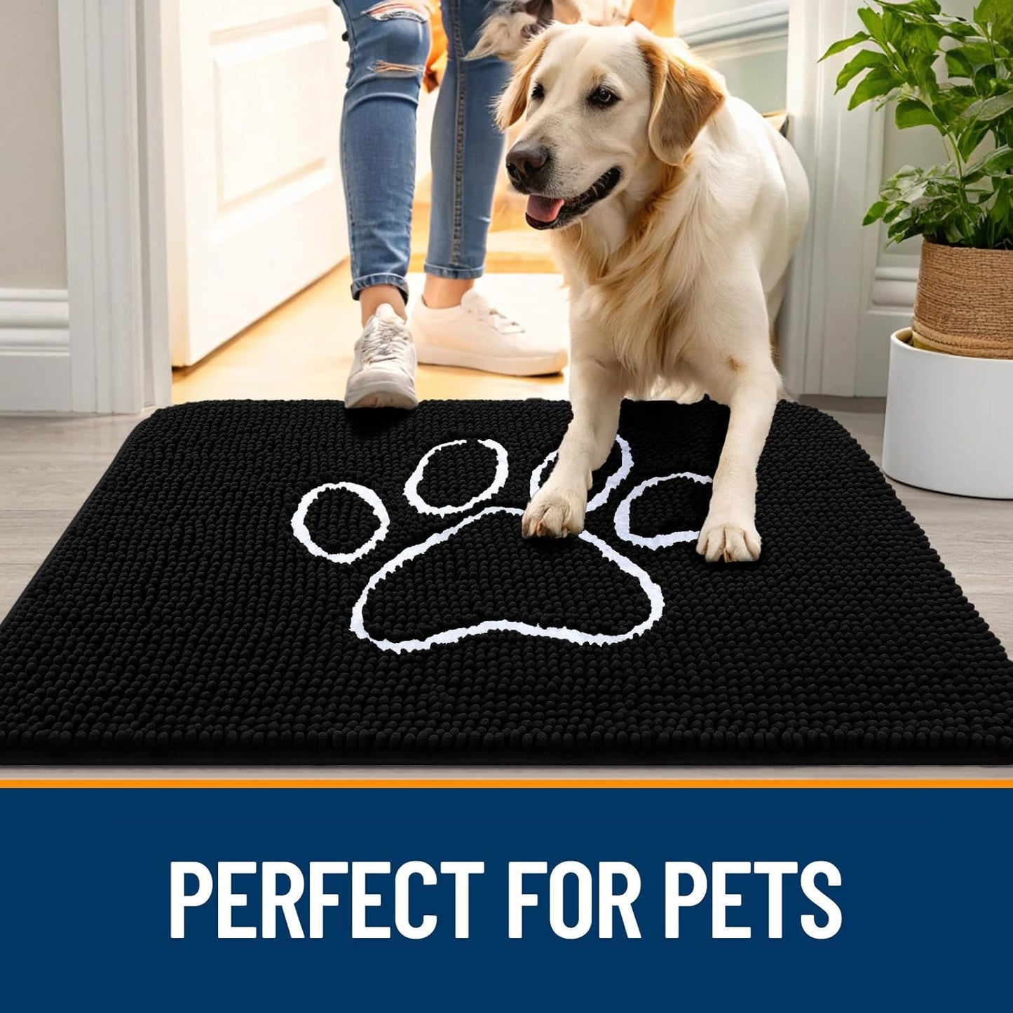 OLANLY Door Mat for Muddy Dog Paws 47x24, Ultra Absorbent Chenille Mud Doormat with Paw Print Design, Non-Slip Washable Doormat for Indoor Entryway, Quick-Dry Pet Bed Mats for Dirty Dogs, Black