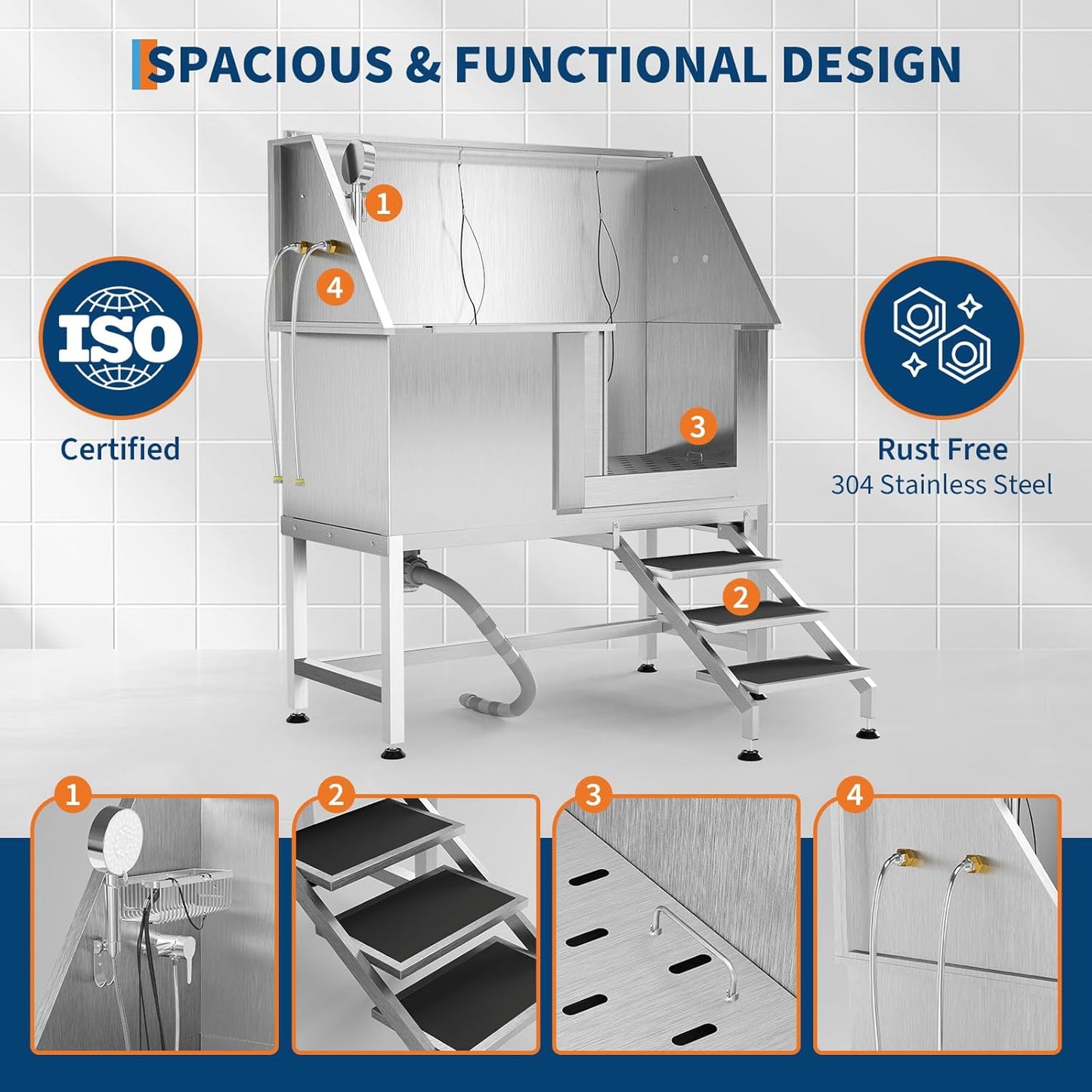 50" Stainless Steel Professional Dog Washing Station - Pet Bathing Tub w/Non-Slip Stairs | Slip-Resistant Floor Grate | for Large/Medium/Small Dogs