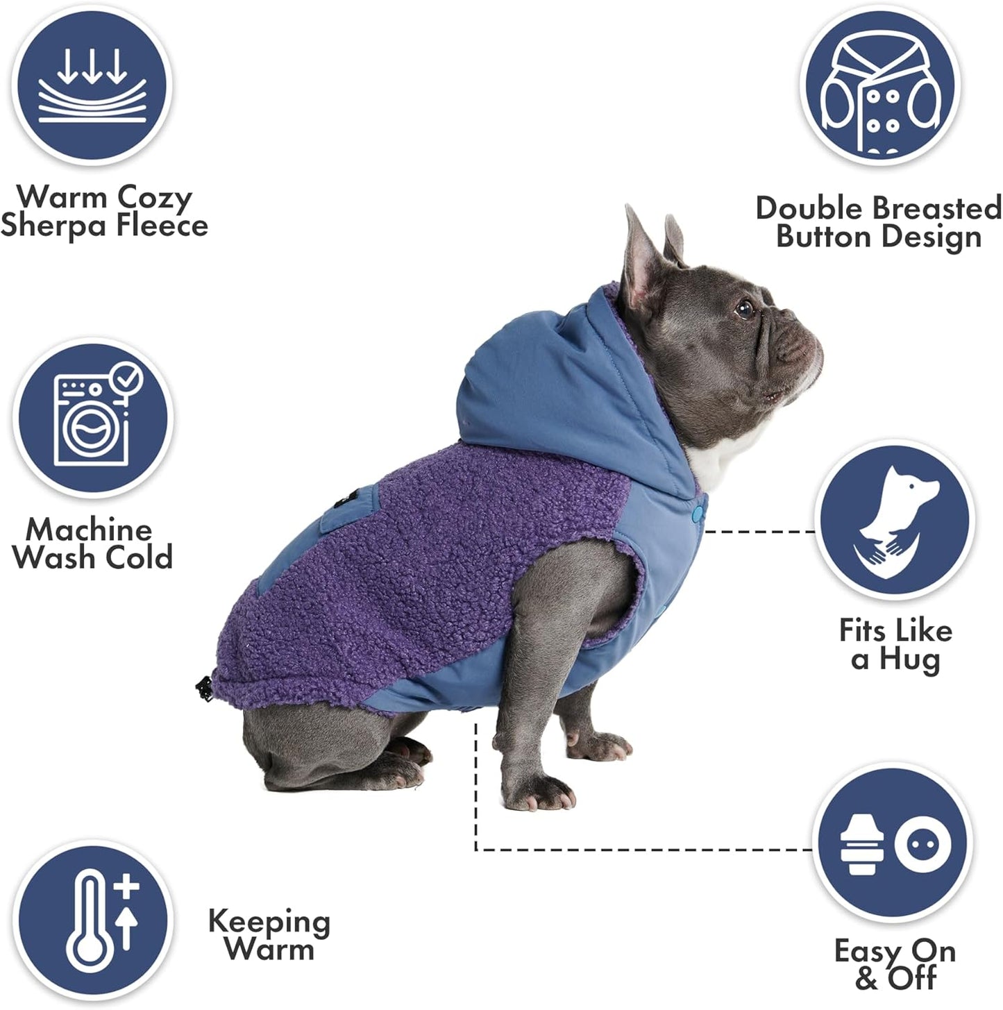 Spark Paws Reversible Dog Sweater, Sherpa Jacket Vest with Warm Fleece Lining, Warm Coat for Winter, Suitable for Small Medium, Large, XL XXL Dogs - Purple and Navy Blue - L