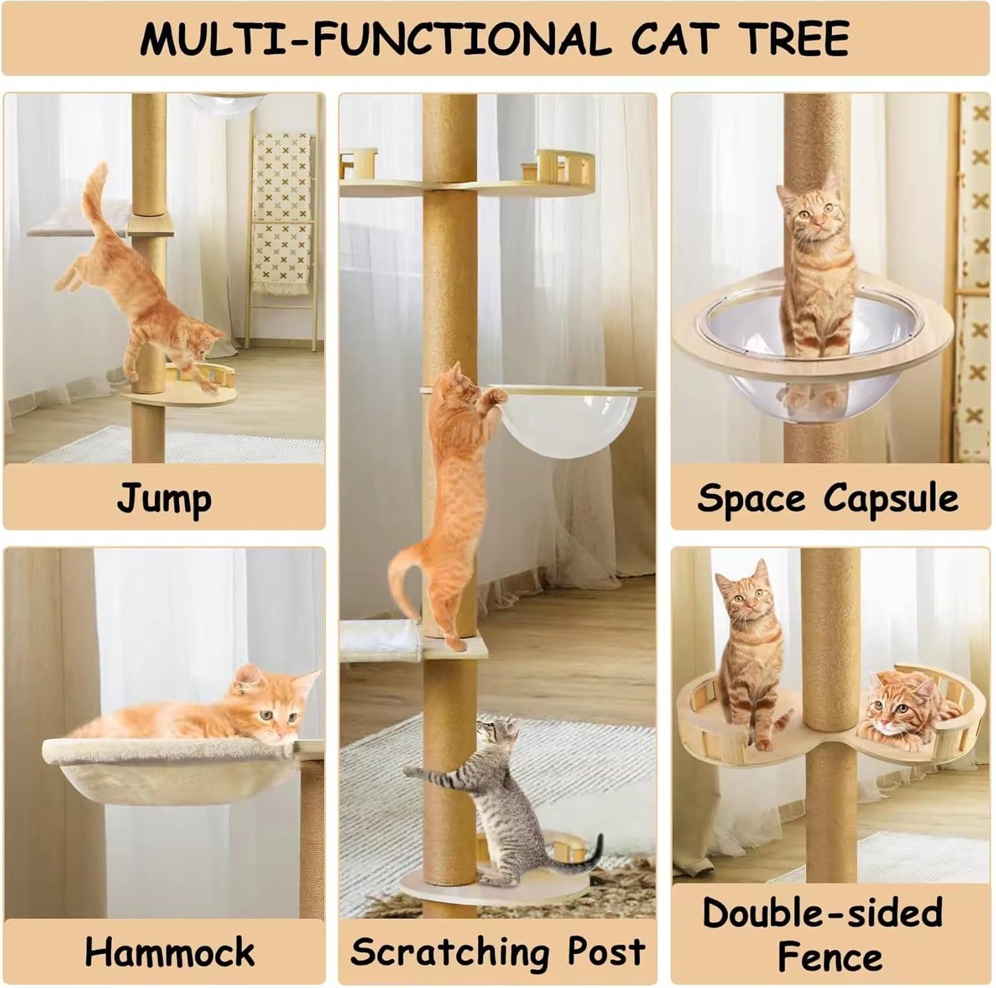Cat Tree Floor to Ceiling,Cat Tree Height Adjustable from Floor to Ceiling(92“-114”), Tall Climbing Tree, Equipped with Scraping Pillars, Comfortable Bed, Observation Deck, Space Capsule