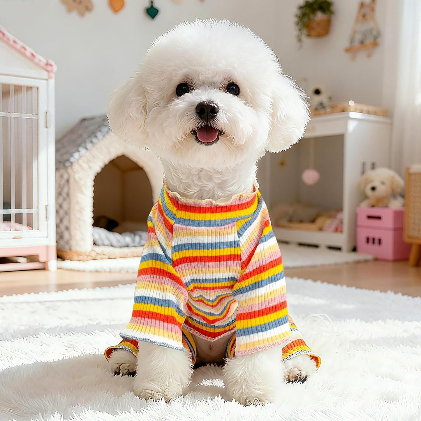 BAEJMJK Striped Dog Pajamas Stretchy Cute Four-Legged Boy Girl Dog Clothes with Sleeves Comfortable Dogs Jumpsuit Colorful Pet Puppy Outfits Apparel for Small Medium Dogs Cats(Yellow,Yellow,X-Large)