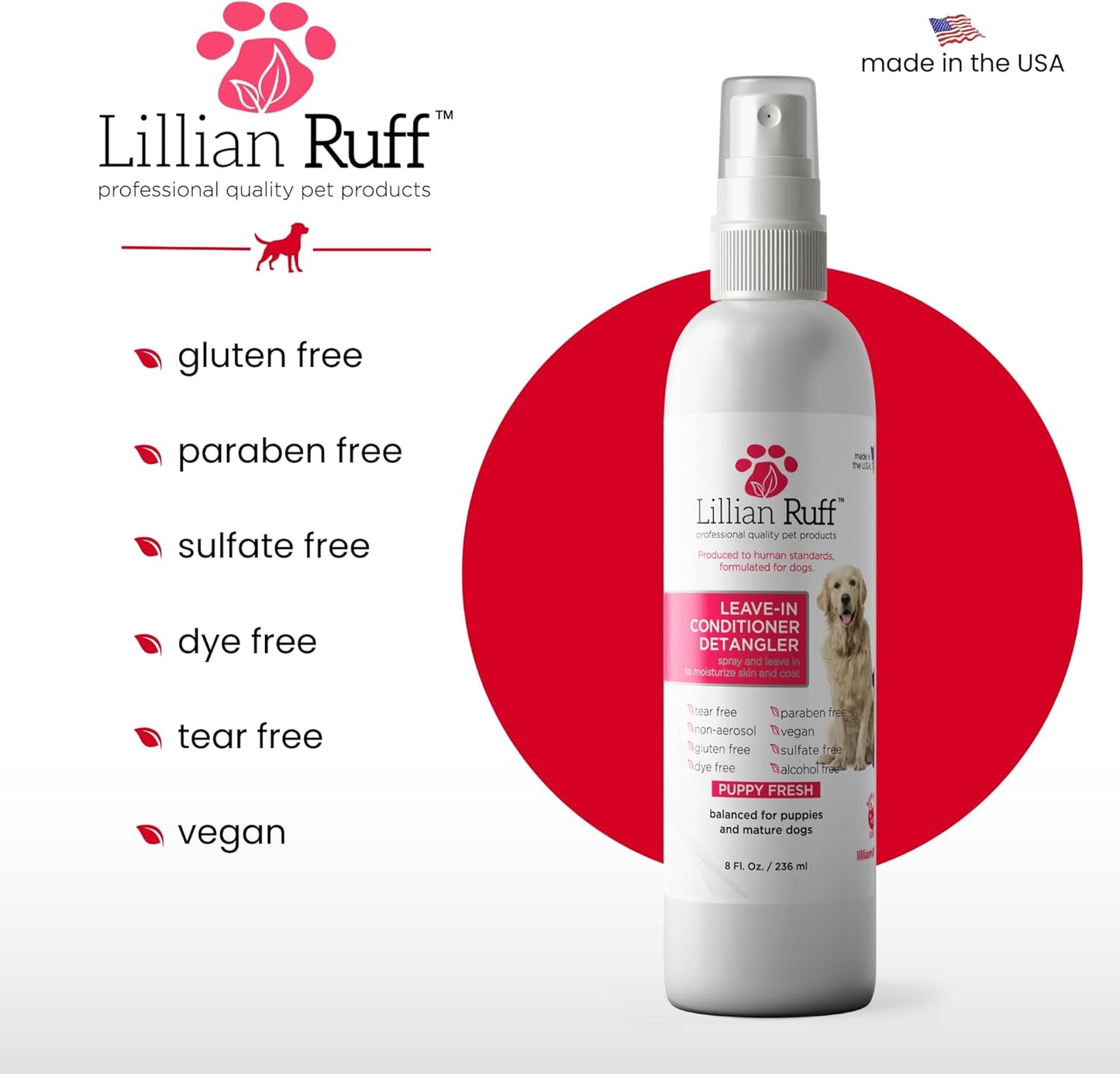 Lillian Ruff Leave-in Dog Conditioner & Detangler Spray - pH Balanced After-Bath No Rinse Hydrating Dog Conditioning Spray - Silky Shine Spray for Dry Skin, Itch Relief, Detangling & Dematting (8oz)