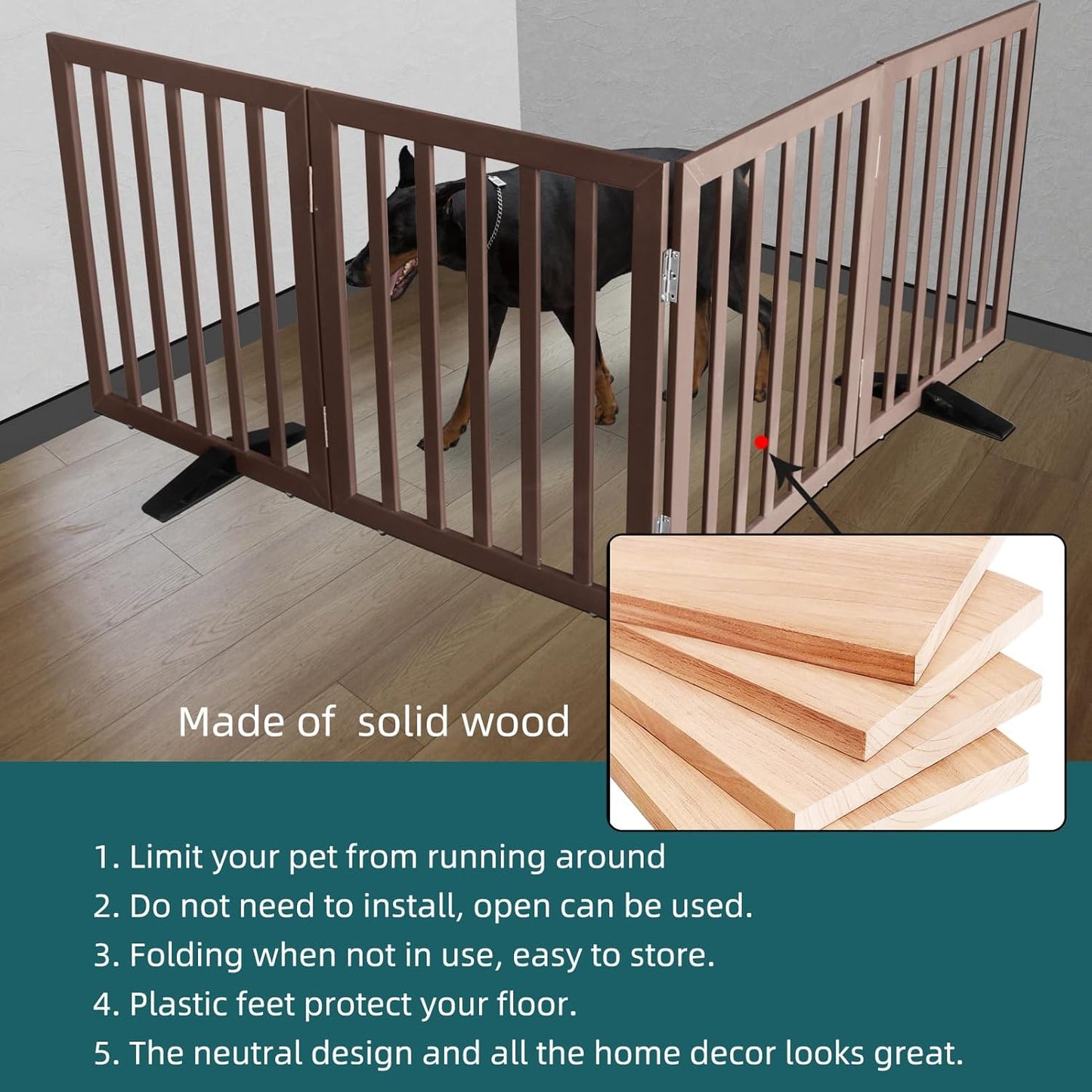 ZJSF Freestanding Indoor Dog Gate for House Foldable Wood Puppy Gate for Doorways Pet Gate for Stairs Extra Wide Pet Fence, Brown, 24" Height 4 Panels