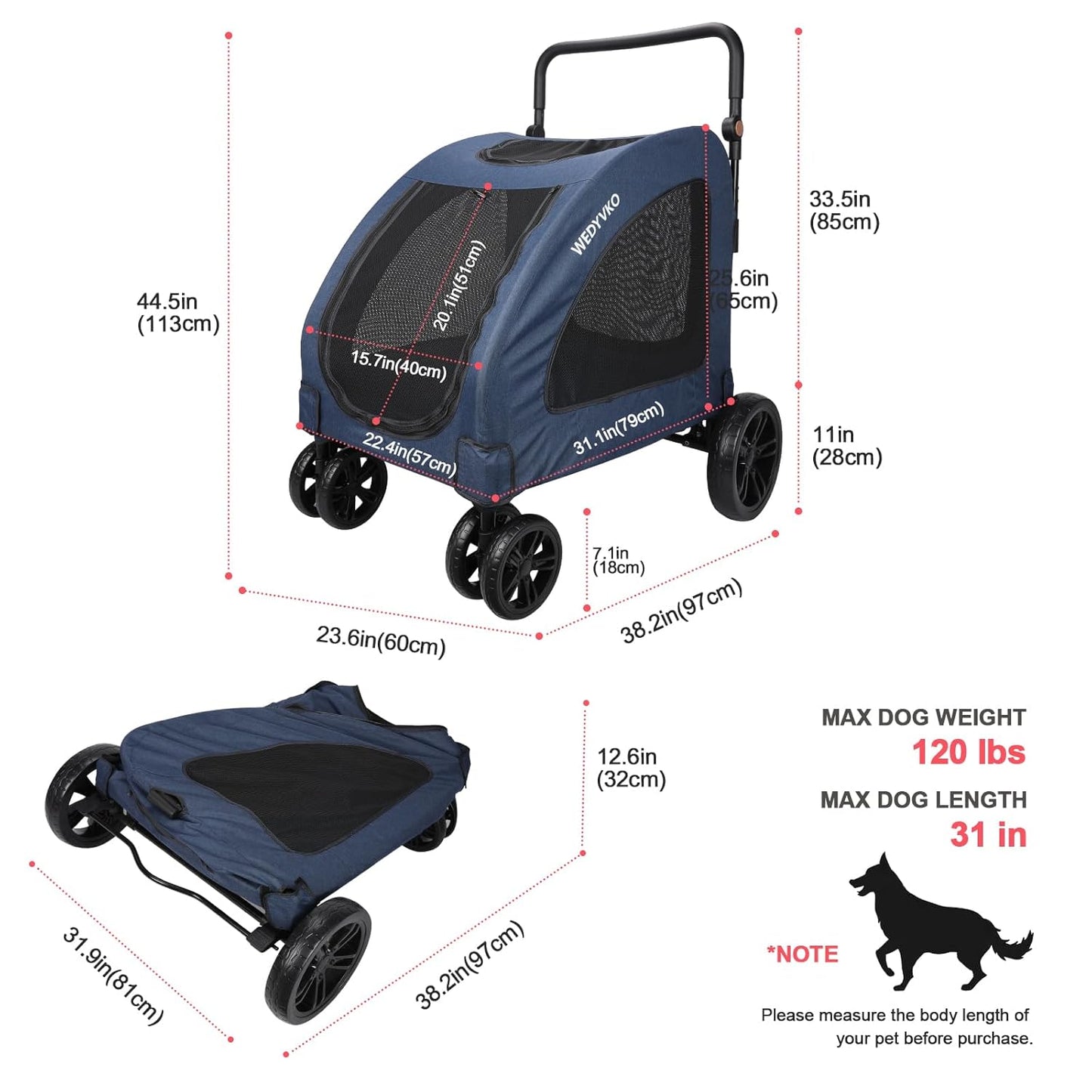 Large Dog Travel Stroller with 4 Heavy Duty Wheels Pet Stroller with Adjustable Handle - Double Doggie Capacity Jogger Wagon with Back Front Door for Small Medium Large Dogs (Navy)