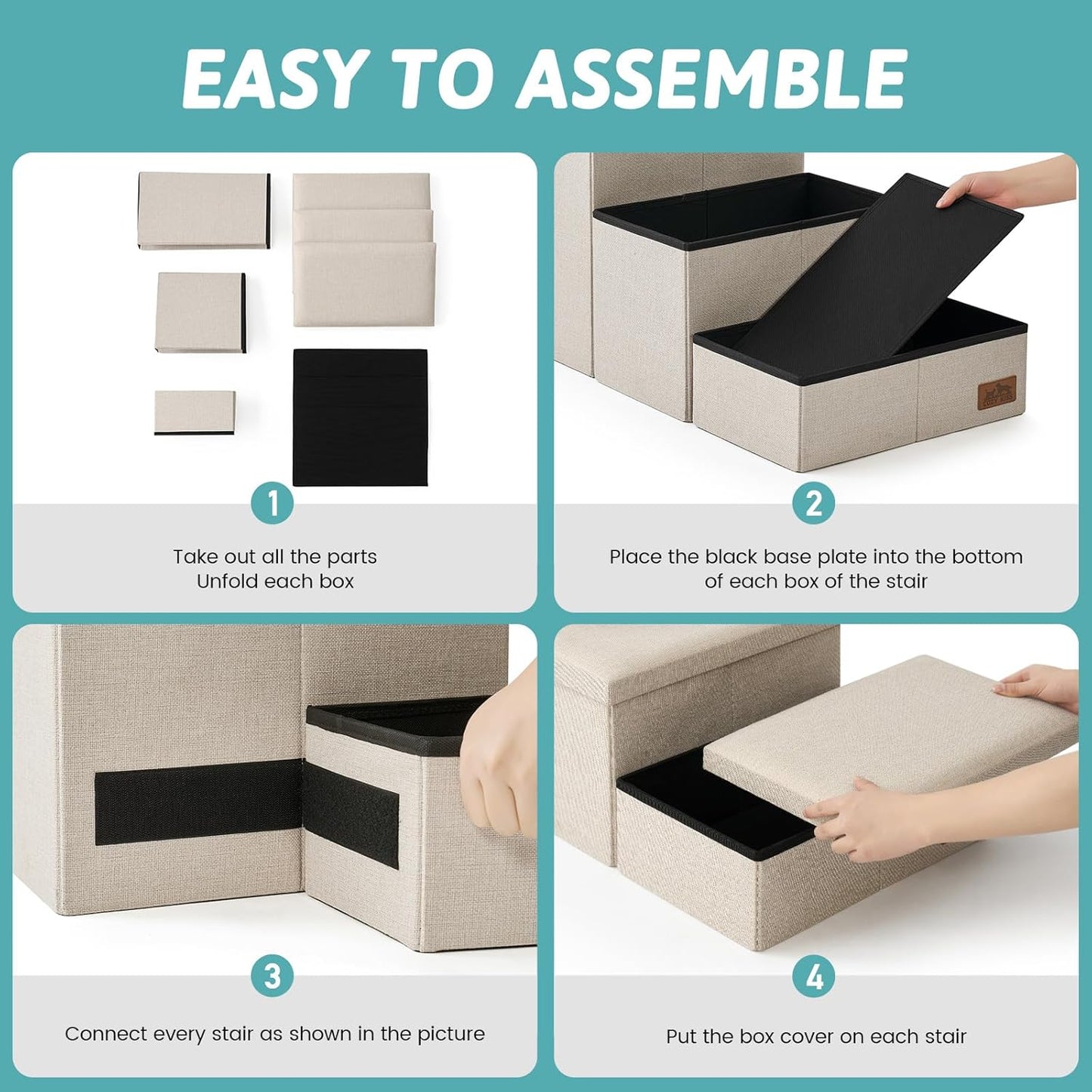 Dog Stairs with Storage, 3-Step Wider Sturdy Dog Steps for Small/Medium/Large Dogs and Older Cats, Folding Doggie Ramp for Bed/Couch/Car Hold Up to 180 lbs (16.7" H, Beige)