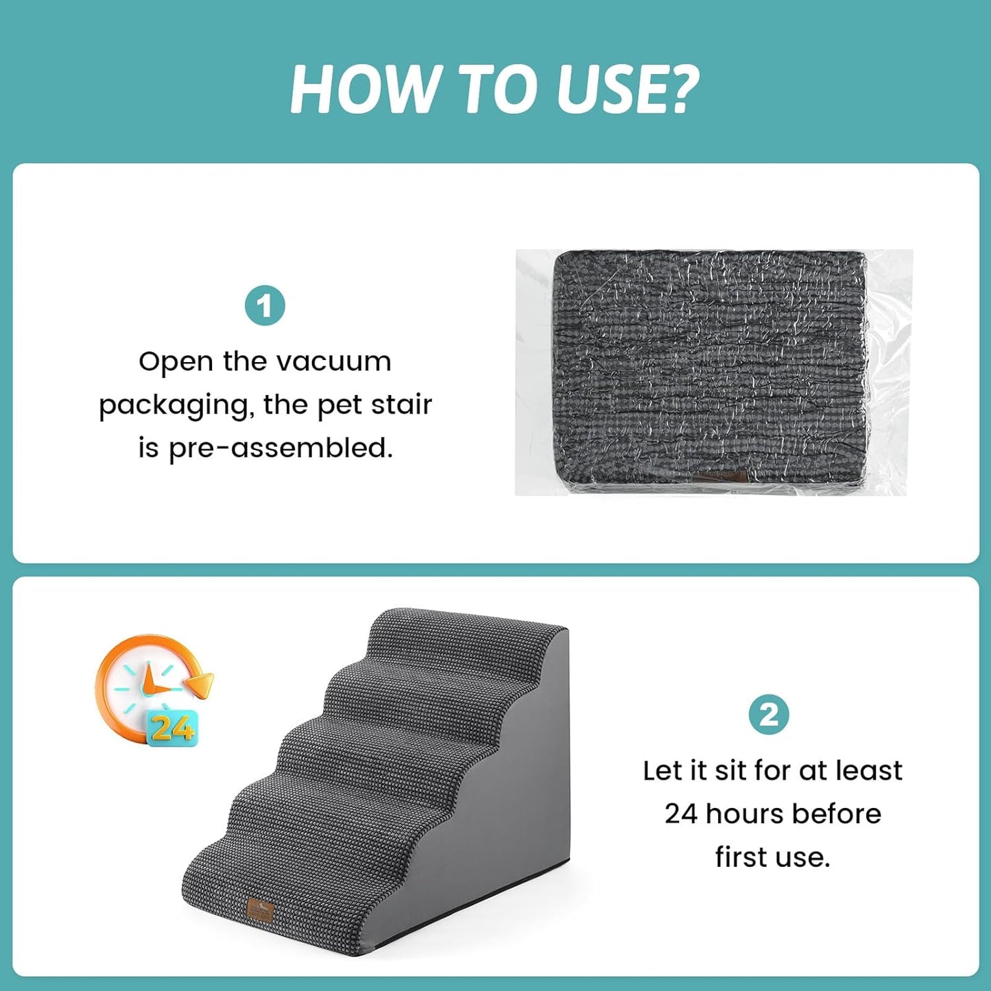 Extra Wide Dog Stairs 19.7" Width, Large Pet Step for Small Medium Dog, Puppy or Cat, Ramp for High Bed or Car, High Density Foam Ladder, Stable, 5 Step, 19.7x33x22.4 in, Dark Grey