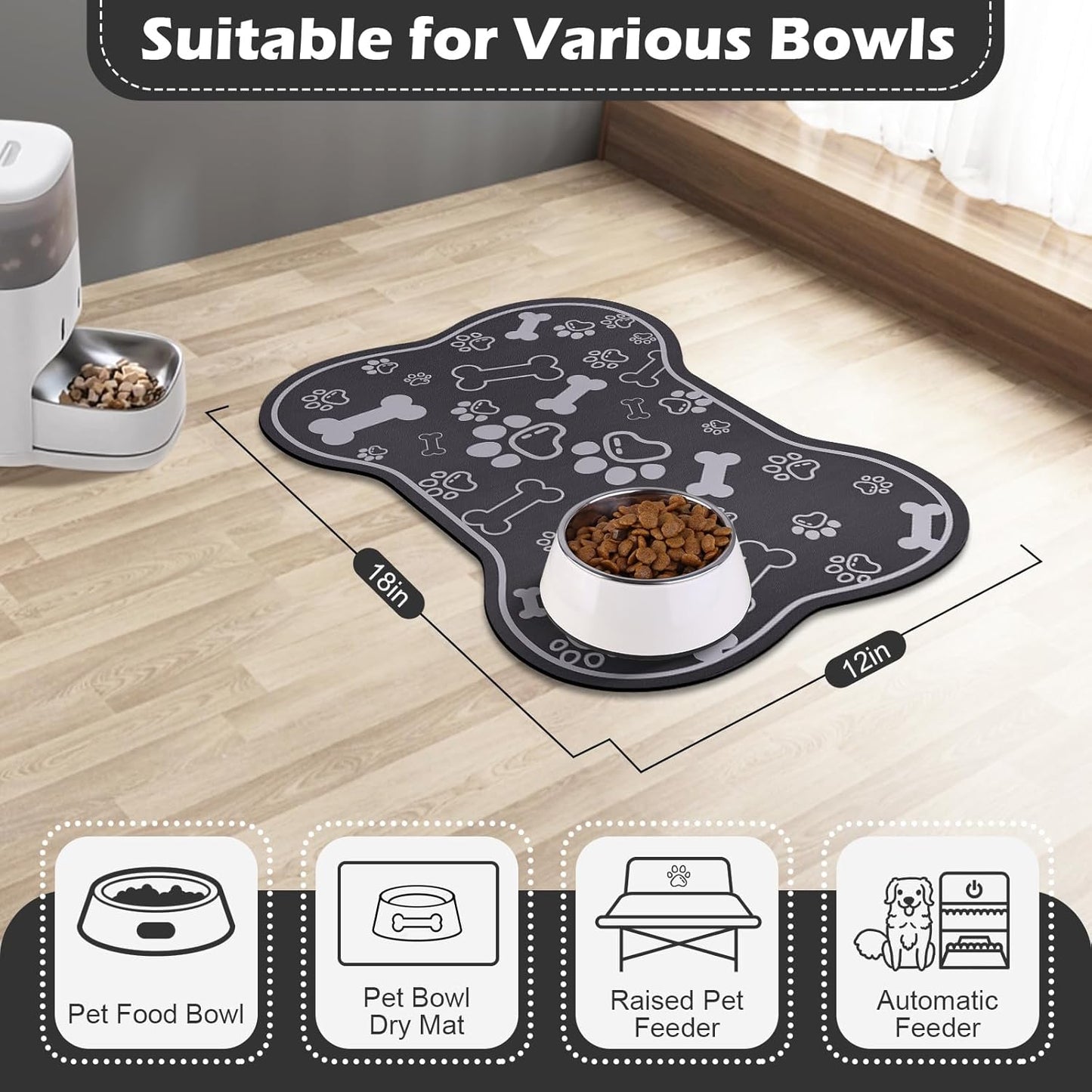 Dog Cat Food Mat,Rapid Absorbent Pet Feeding Mat, Bone Shaped Dog Placemat Water Bowl Mat with Rubber Backing,No Stains Dog Cat Food Mats Indoor, Pet Accessories Supplies 12"x18" Dark Grey