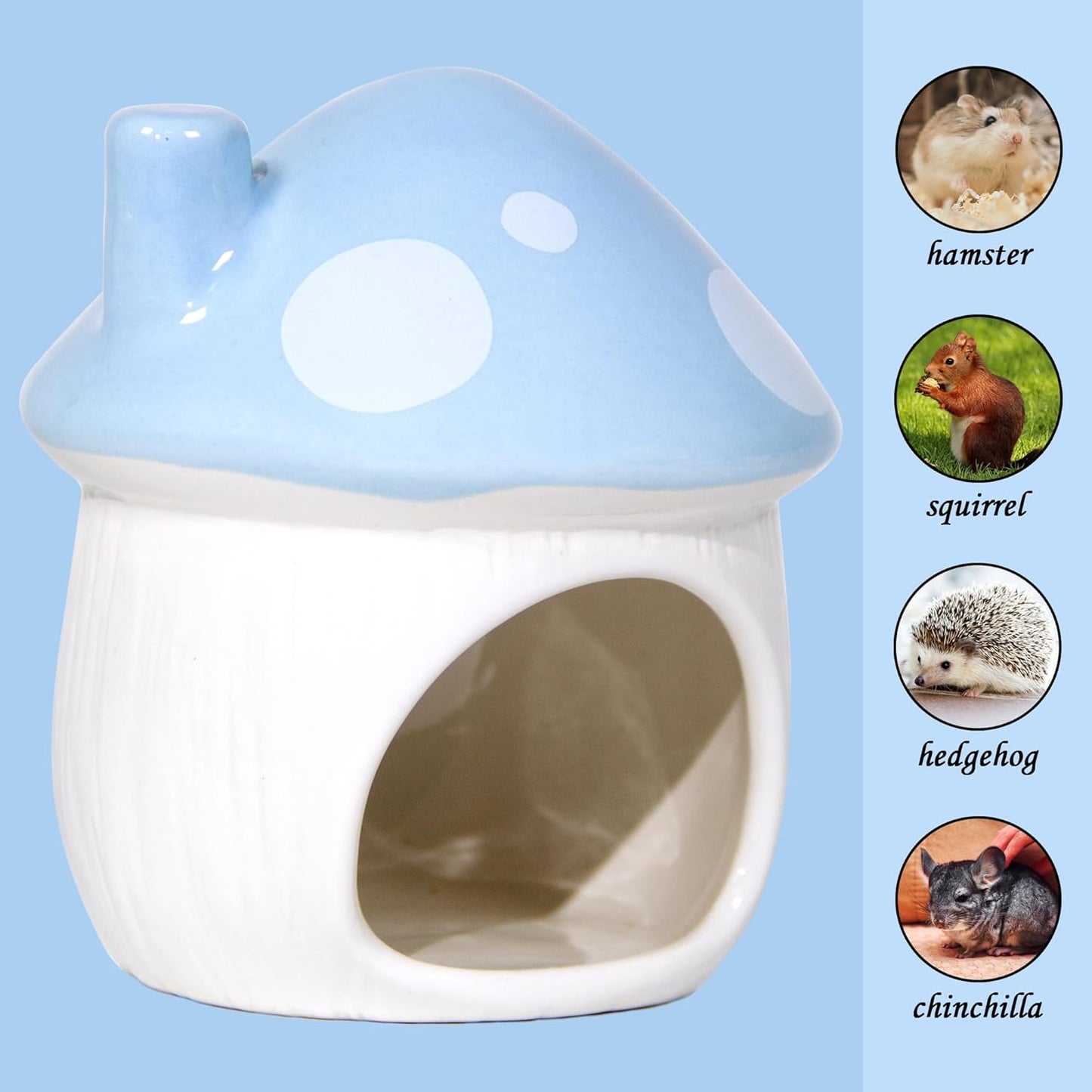 Ceramic Mushroom Hamster Hideout - Hamster Habitat for Hamsters Chinchillas Hedgehogs and Gerbils Mouse Small Pet Guinea Pigs House Hamster Bed (Blue)