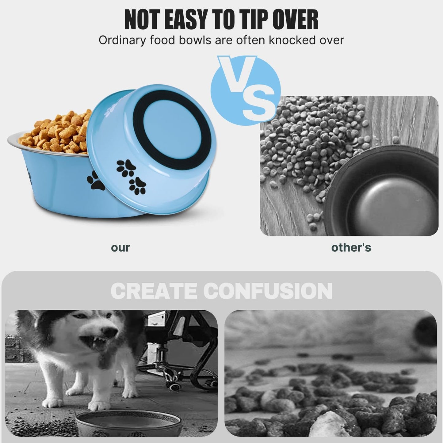 Stainless Steel Dog Bowls, Nonslip Rubber Bottom No Spill Proof Skid Metal Insulated Dog Bowls for Large Medium Small Breed Dogs (Blue, 6.6 Cups/53 OZ)