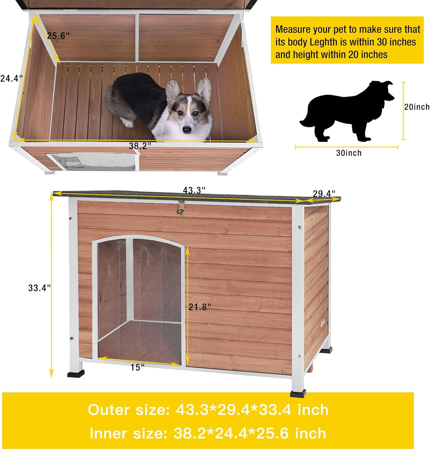 Dog House Outdoor & Indoor Wooden Dog Kennel for Winter with Raised Feet Weatherproof for Small & Medium & Large Dogs,Unique All-Around Iron Frame,Light Brown