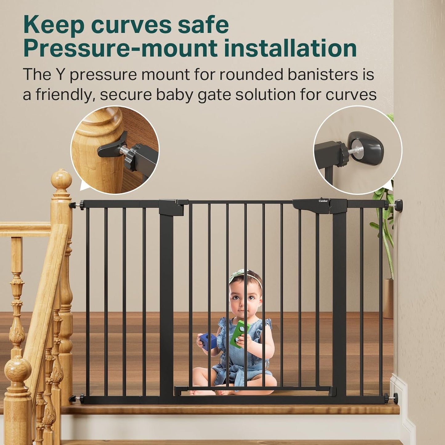 Cumbor 29.7-48" Baby Gate for Stairs, Mom's Choice Awards Winner-Dog Gate for Doorways, Auto Close Safety Pet Gate for Dogs Indoor, Easy Install Pressure Mounted Child Gate with Walk Thru Door, Black
