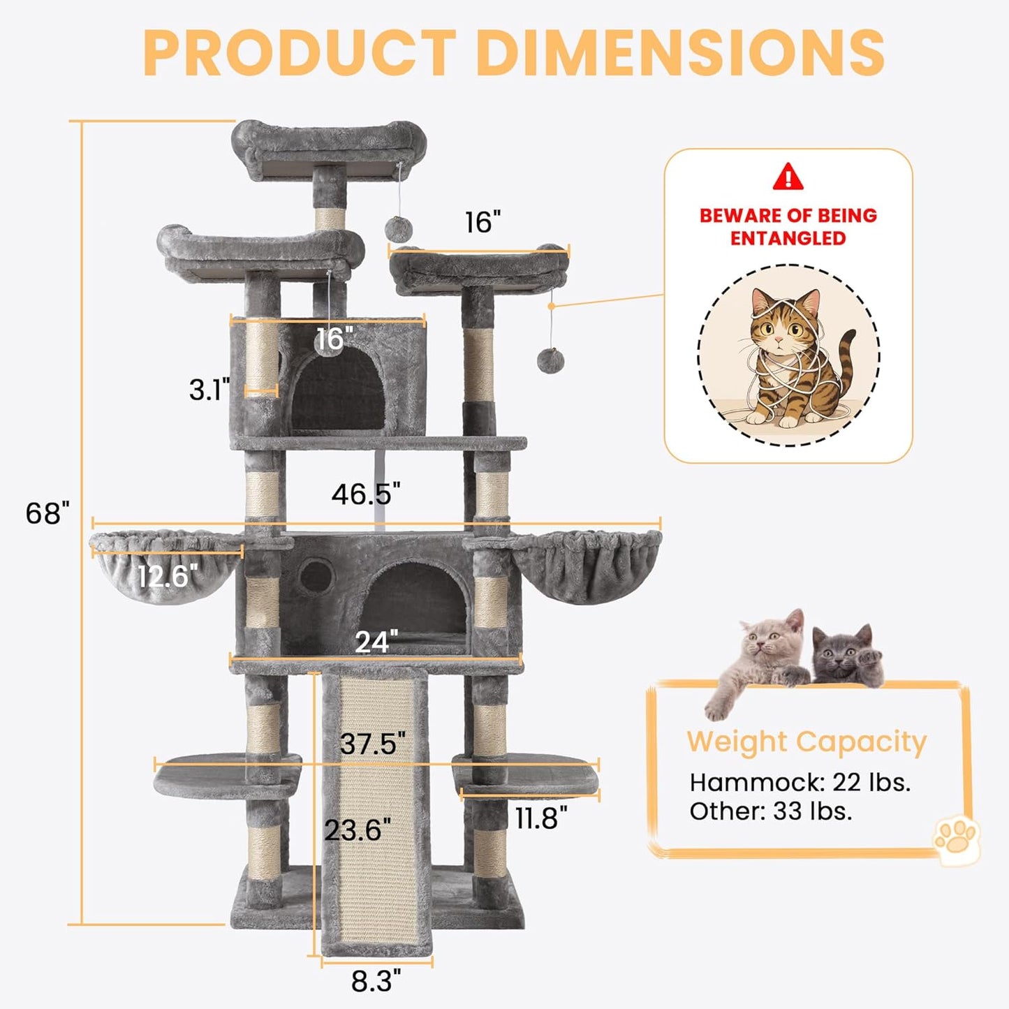 SHA CERLIN 68 Inches Multi-Level Large Cat Tree for Large Kitties/Big Cat Tower with Condo/Cozy Plush Pussycat Perches/Sisal Scratching Posts and Hammocks/Activity Center/Grey