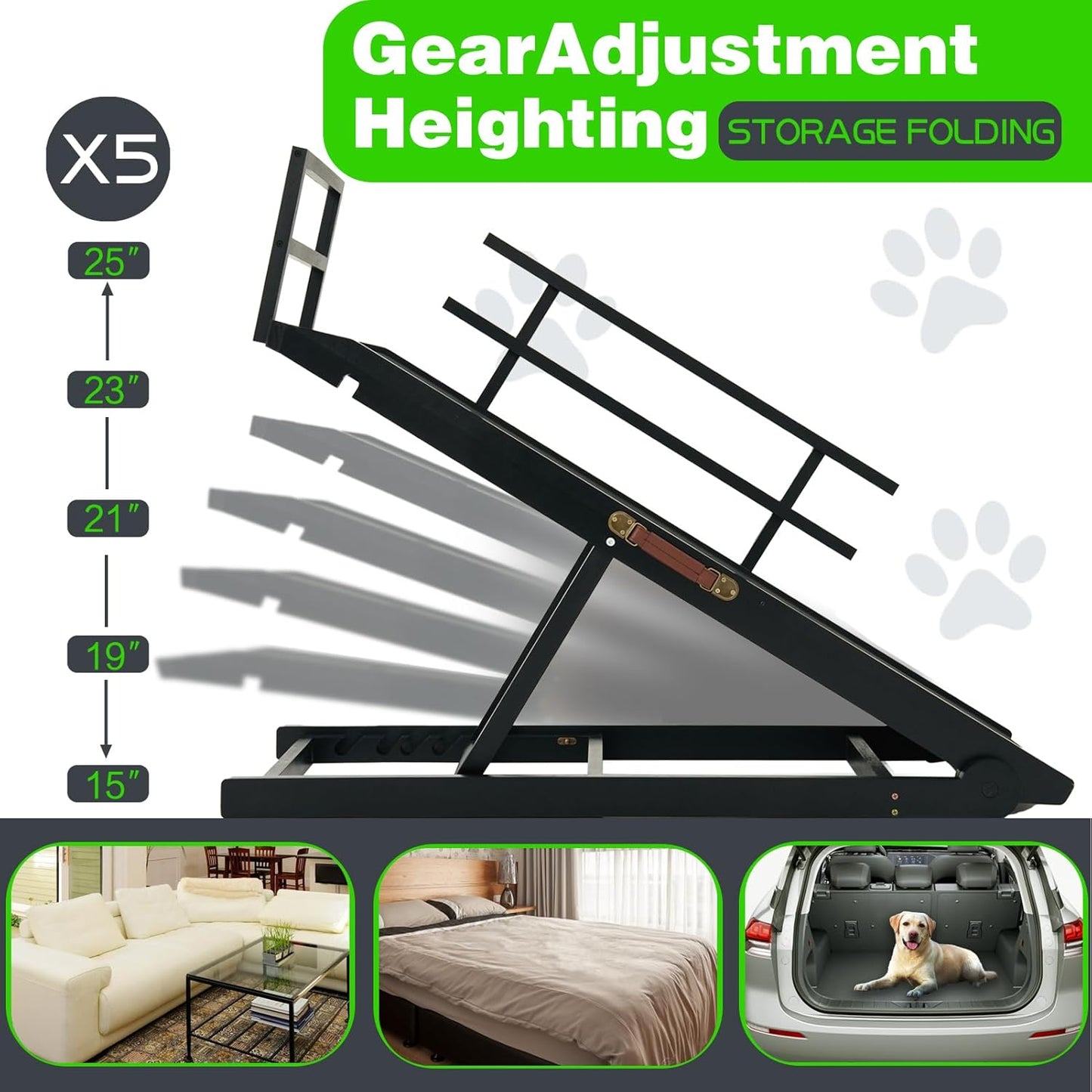 Dog Ramp for Bed, Dog Stairs for Small and Large Dogs, Portable Dog Steps for Bed, Couch, Car, Adjustable Folding Pet Ramp, Upgrade Rubber Pet Steps, Supports up to 210 lbs (Medium-Brown)