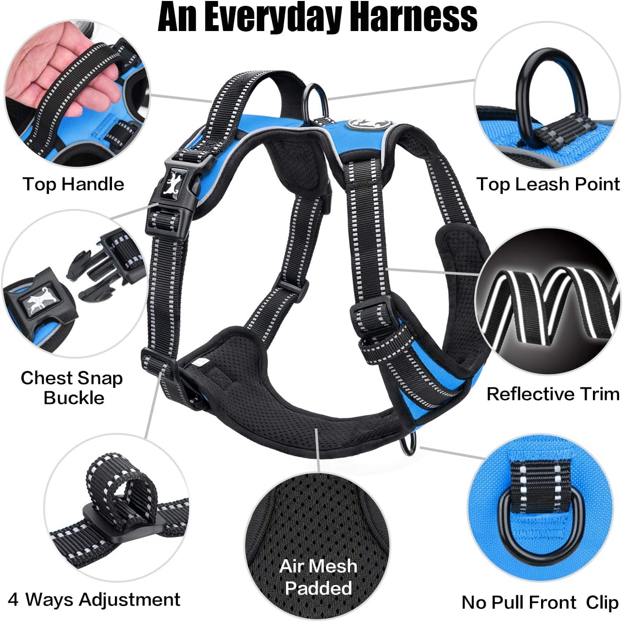 PoyPet No Pull Dog Harness, Reflective Comfortable Vest Harness with Front & Back 2 Leash Attachments and Easy Control Handle Adjustable Soft Padded Pet Vest for Small to Large Dogs (Blue,S)