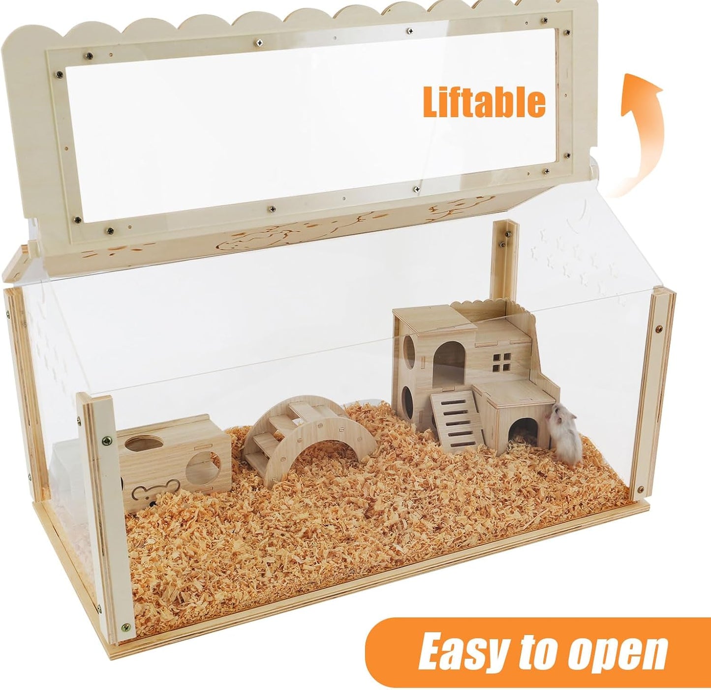 Hamster cage Wooden with Acrylic, Dwarf Hamster cage, Small Animal Habitat with Openable Top, Mouse cage for Guinea Pigs, Chinchillas, Gerbil, Syrian Hamster (24inch)
