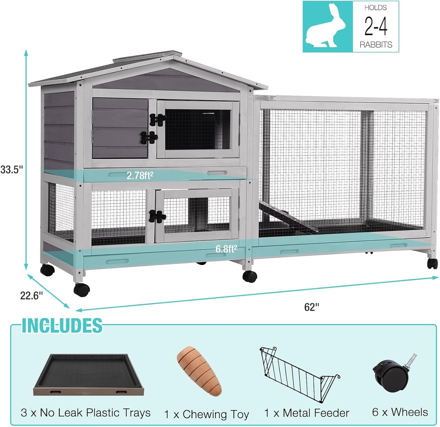 62" Rabbit Hutch with Chew-Proof Ramp & Waterproof Roof - Indoor/Outdoor Bunny Cage, 2-Story Design, 6 Lockable Caster Wheels & Dual Pull-Out Trays (Grey)