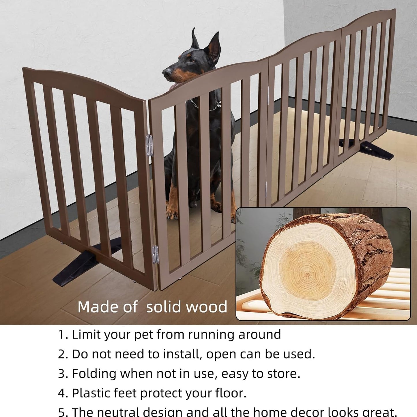 ZJSF Foldable Freestanding Indoor Dog Gate for House Wood Long Pet Gates Dog Fence for Stairs Puppy Gates for Hallways, Puppy Gate,Support Feet Included, Brown, 24 "Height-3 Panels