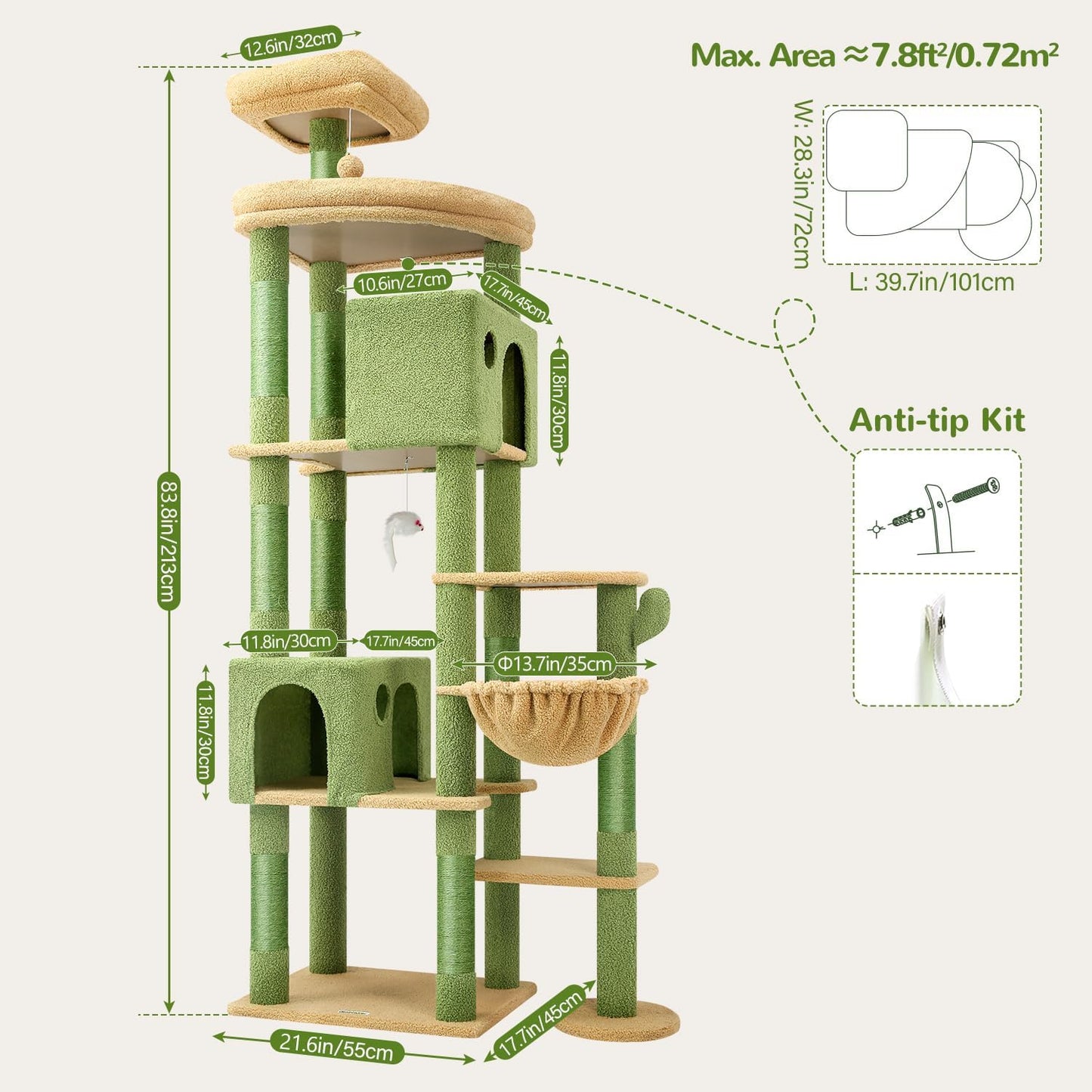 Globlazer Cactus Giant Cat Tree, 83 inch Cat Tree for Indoor Cats Large Adult, XXL Cat Tower with 9 Scratching Posts for 20lb+ Heavy Duty Large Adult Cats, F83, Green