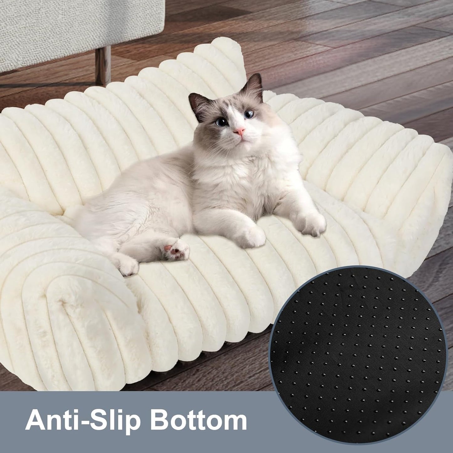 Cute Cat Couch Bed for Indoor Cats, Fluffy Pet Cat Sofa with Premium Soft Corduroy Fleece, Cute Small Dog Beds for Small Dogs, Fuzzy Puppy Chair with Removable Washable Cover (24x18x10,Cream)