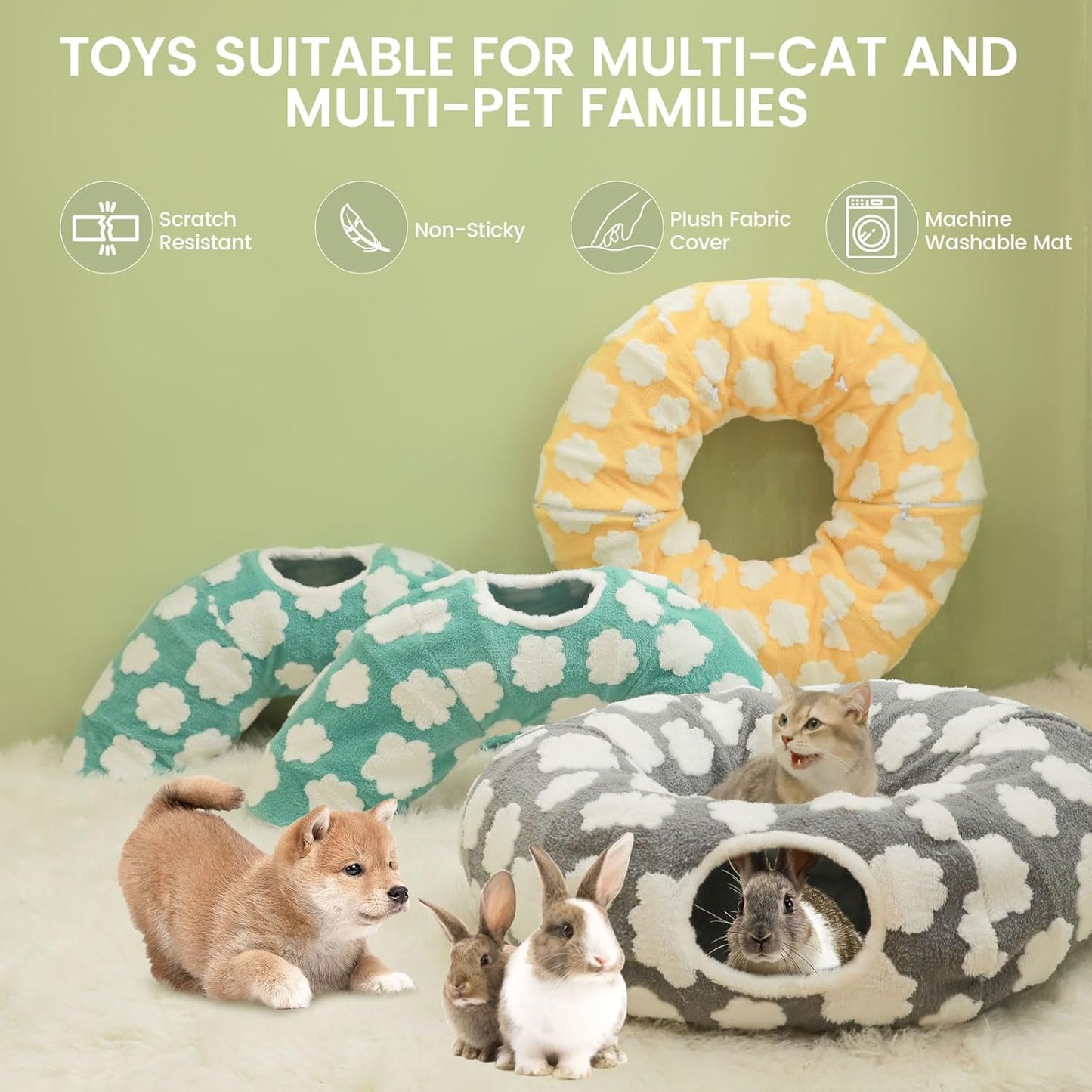 Cat Tunnel Bed for Indoor Cats,Soft Peekaboo Cave Cat Donut Tunnel with Washable Circle Cushion Central Mat, 3 Ways Shaped Round Pet Play Tunnel Toy for Kitten Puppy Rabbit Ferret Yellow