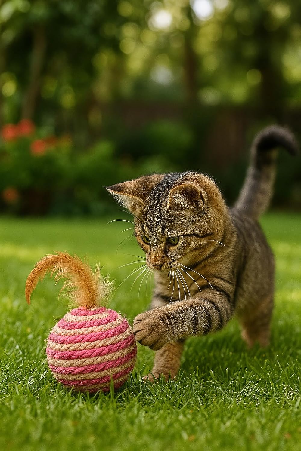 Ball for cat with Feathers - Balls for Cats โ Natural Toy for Indoor Cats โ Eco-Friendly, Durable, Interactive Play Balls for Kittens โ Pet-Safe Chew & Scratch Toys (Red)
