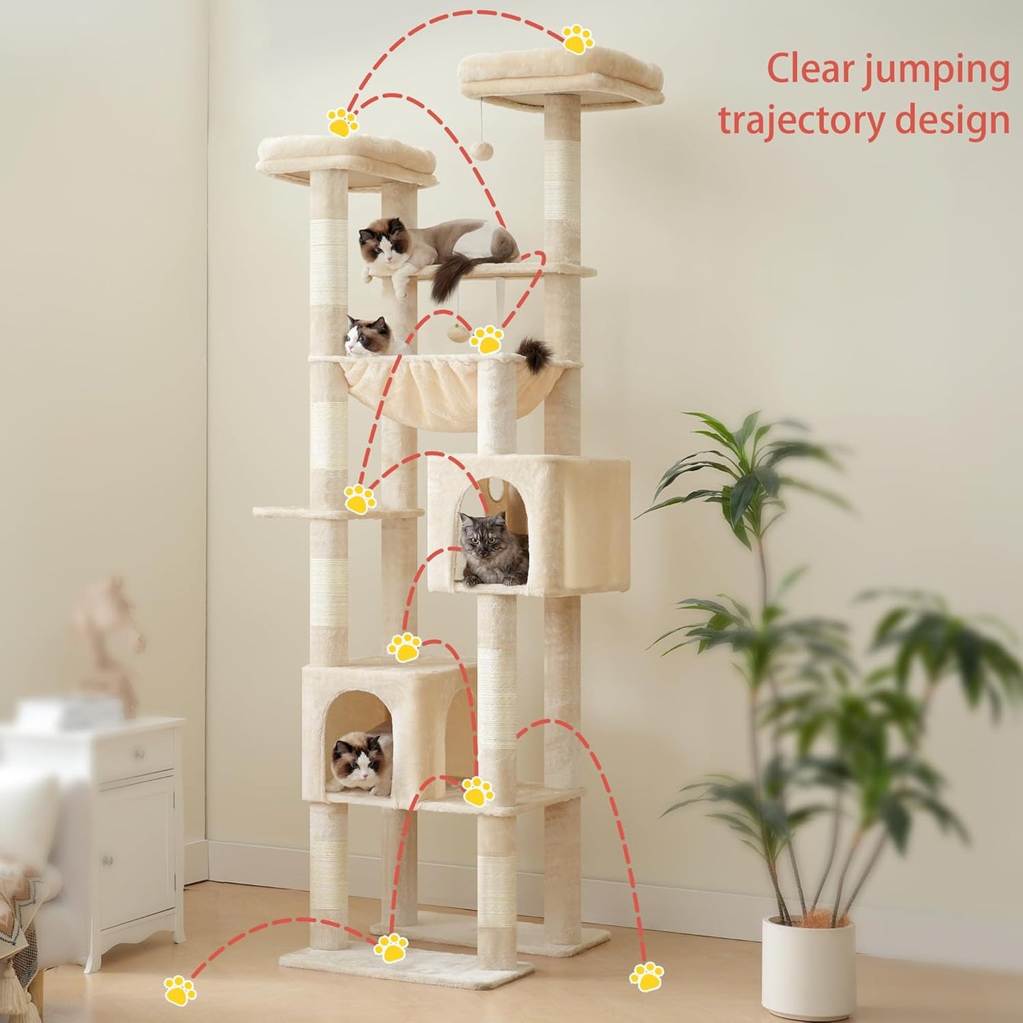 Hey-brother Tall Cat Tree Tower, Heavy Duty Scratching Posts with Large Platforms, Cozy Condos, Big Hammock, Toy Balls, Multi-Level Furniture for Indoor Adult Cats, 80.7 Inches, Beige MPJ039M
