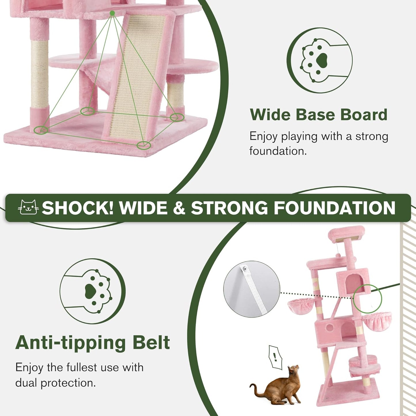 MUTICOR 66 Inches Multi-Level Large Cat Tree Tower for Indoor Big Feline/Cozy Plush Perches/Condo/Sisal Scratching Posts/Hammock and Baskets/Activity Center Play House/Wide Base/Pink