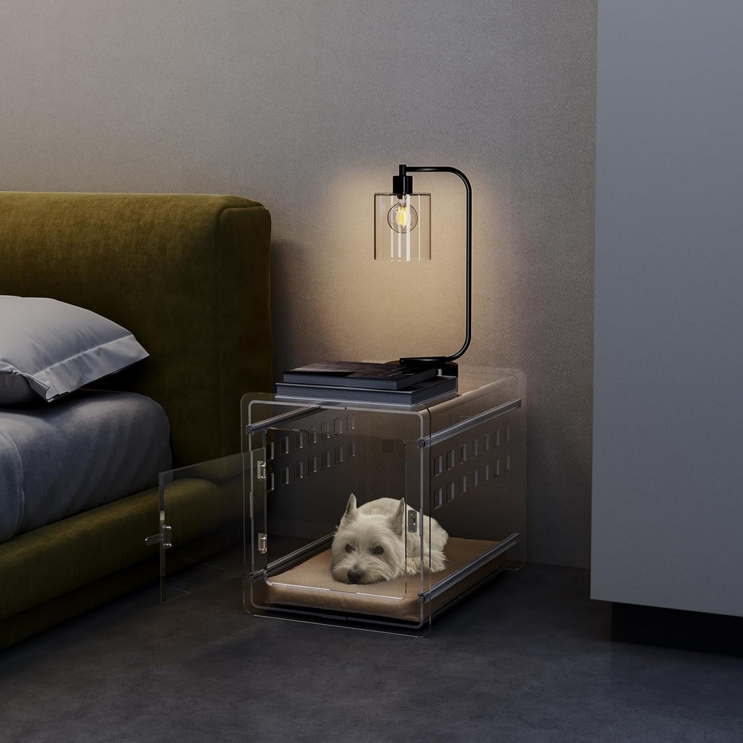 Sumerflos Clear Acrylic Dog Crate - Modern Dog Kennel Furniture, Indoor End Table Dog Crate Lockable Ventilated for Most Small Dog Cat Pet, 24.05" L x 17.99" W x 20" H
