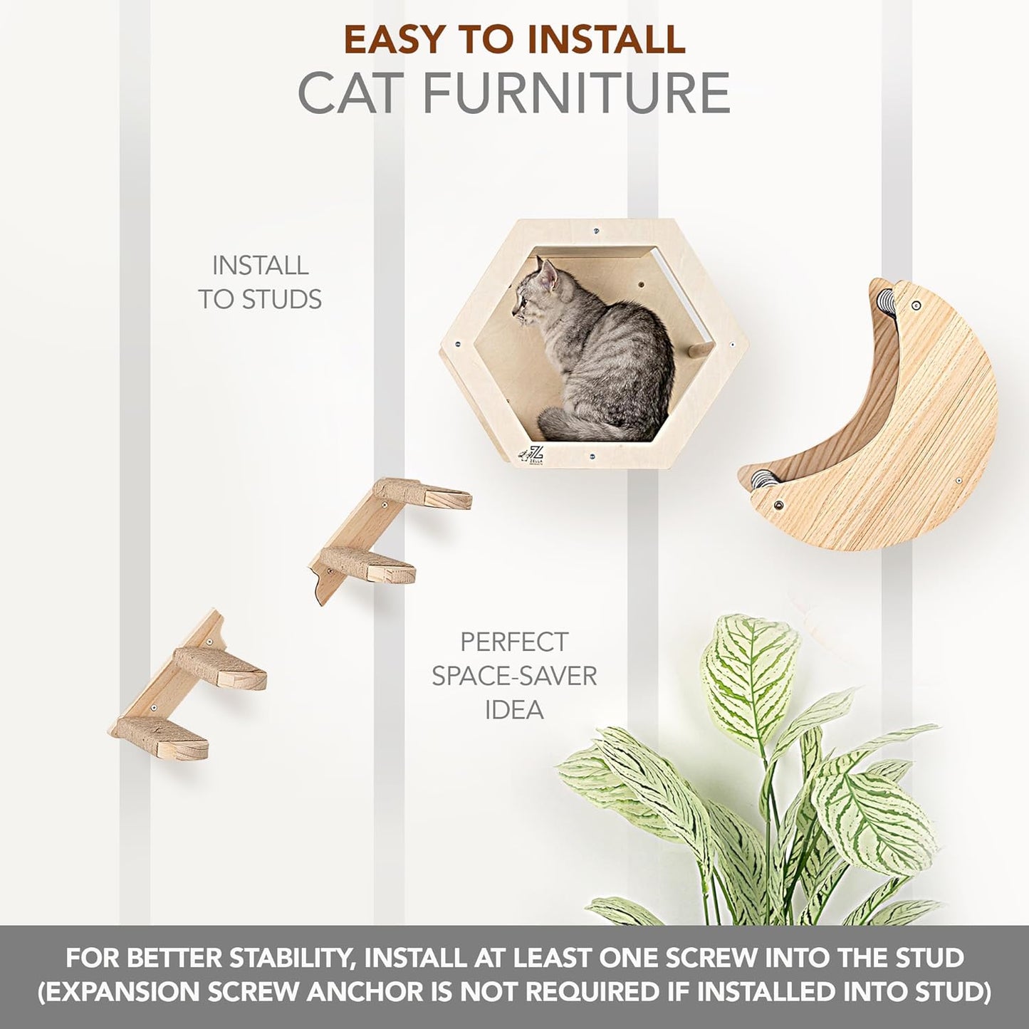 3-Piece Cat Wall Furniture Set - Hammock, Hexagon House, Climbing Steps - Wall Mounted Shelves, Perches, and Beds - Modern Design for Large Cats and Kittens & Spare Hammock Fabric Included