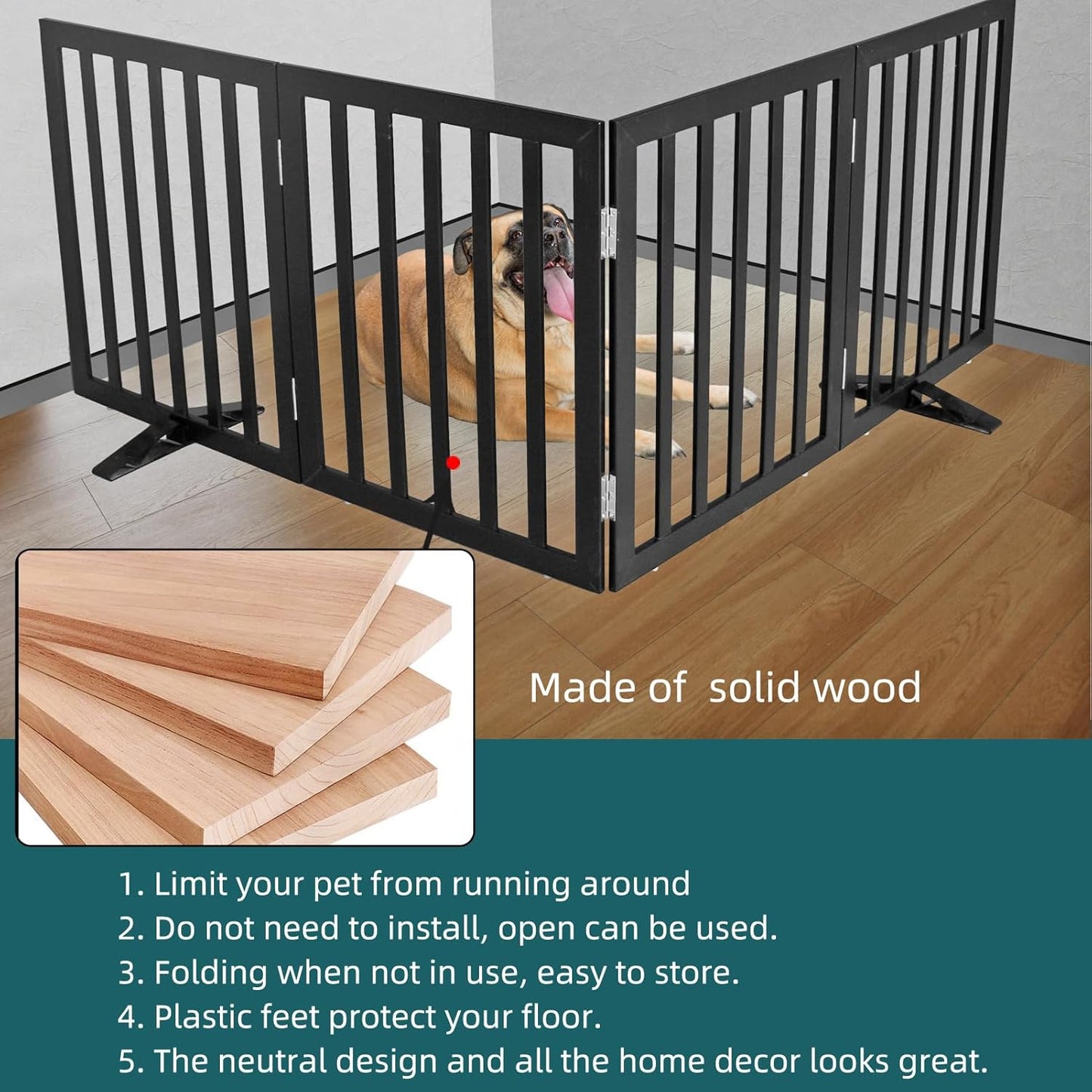 ZJSF Freestanding Indoor Dog Gate for House Foldable Wood Puppy Gate for Doorways Pet Gate for Stairs Extra Wide Pet Fence, Black, 24" Height 3 Panels