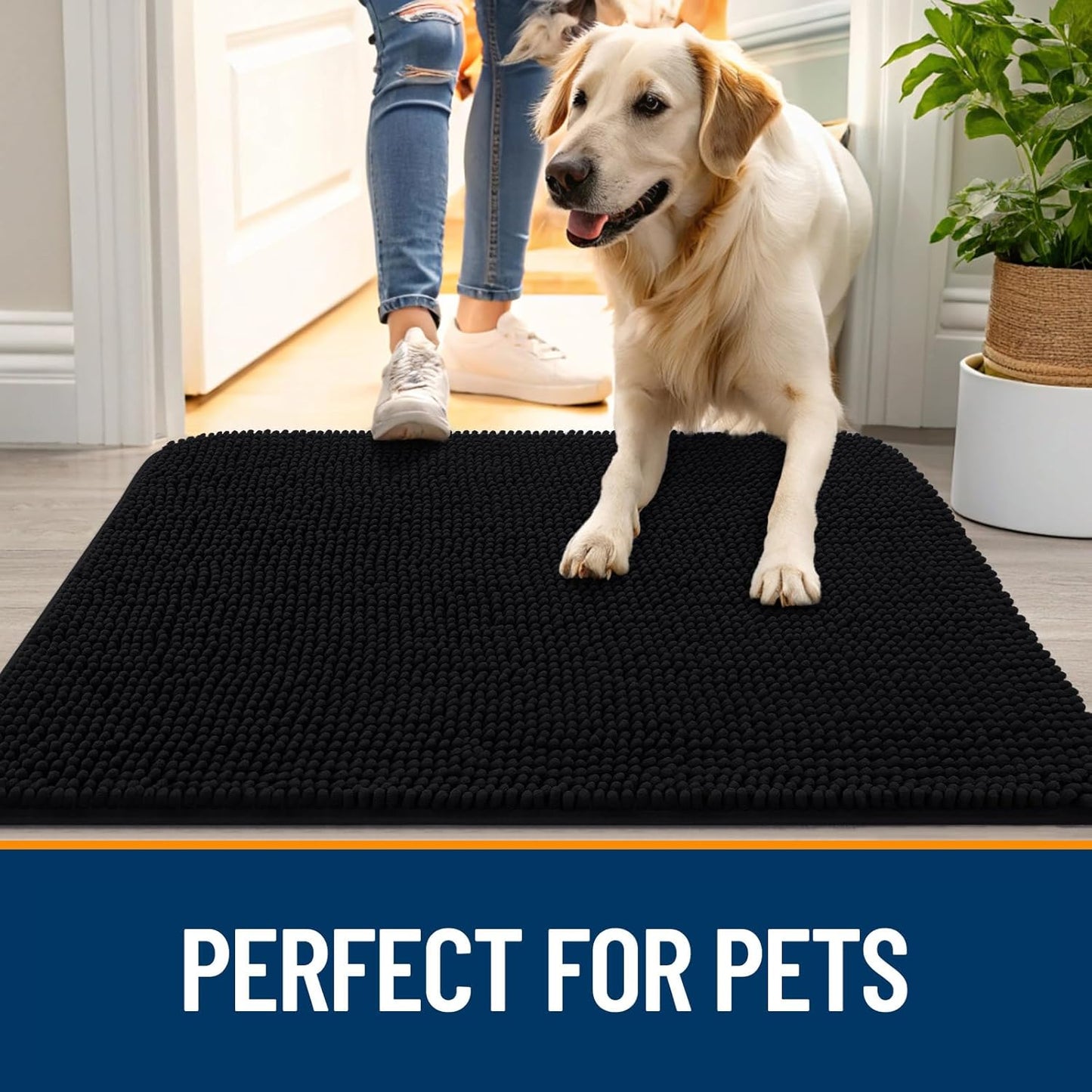 OLANLY Dog Door Mat for Muddy Paws 40x32, Absorbs Moisture and Dirt, Absorbent Non-Slip Washable Doormat, Quick Dry Chenille Mud Mat for Dogs, Entry Indoor Entryway Carpet for Inside Floor, Black