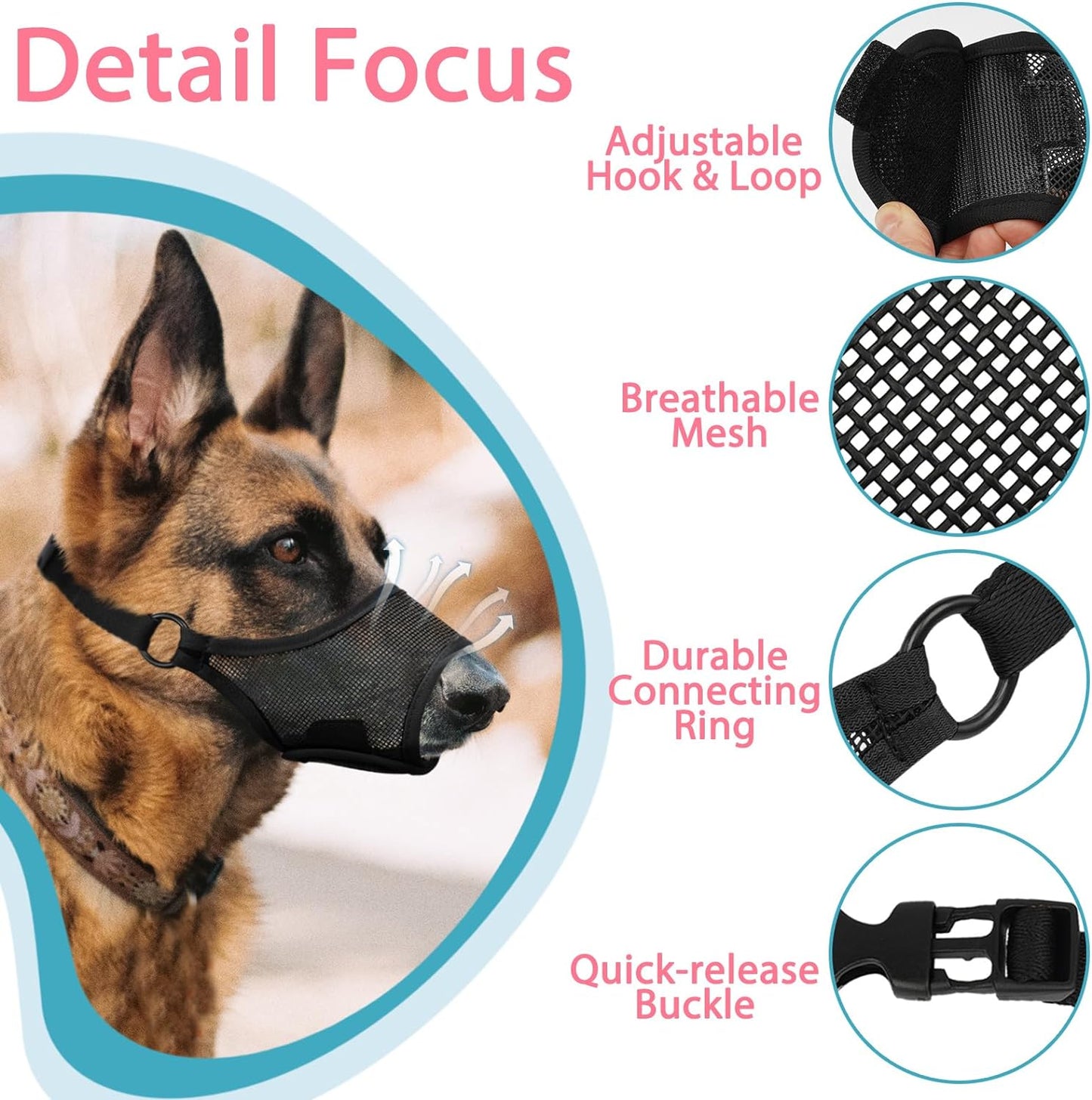 LUCKYPAW Dog Muzzle, Mesh Muzzle for Large Medium Small Dogs, Soft Mouth Guard for Biting Chewing, Breathable Mouth Guard with Adjustable Strap for Training(Black, L(Snout:9.75"-11"))