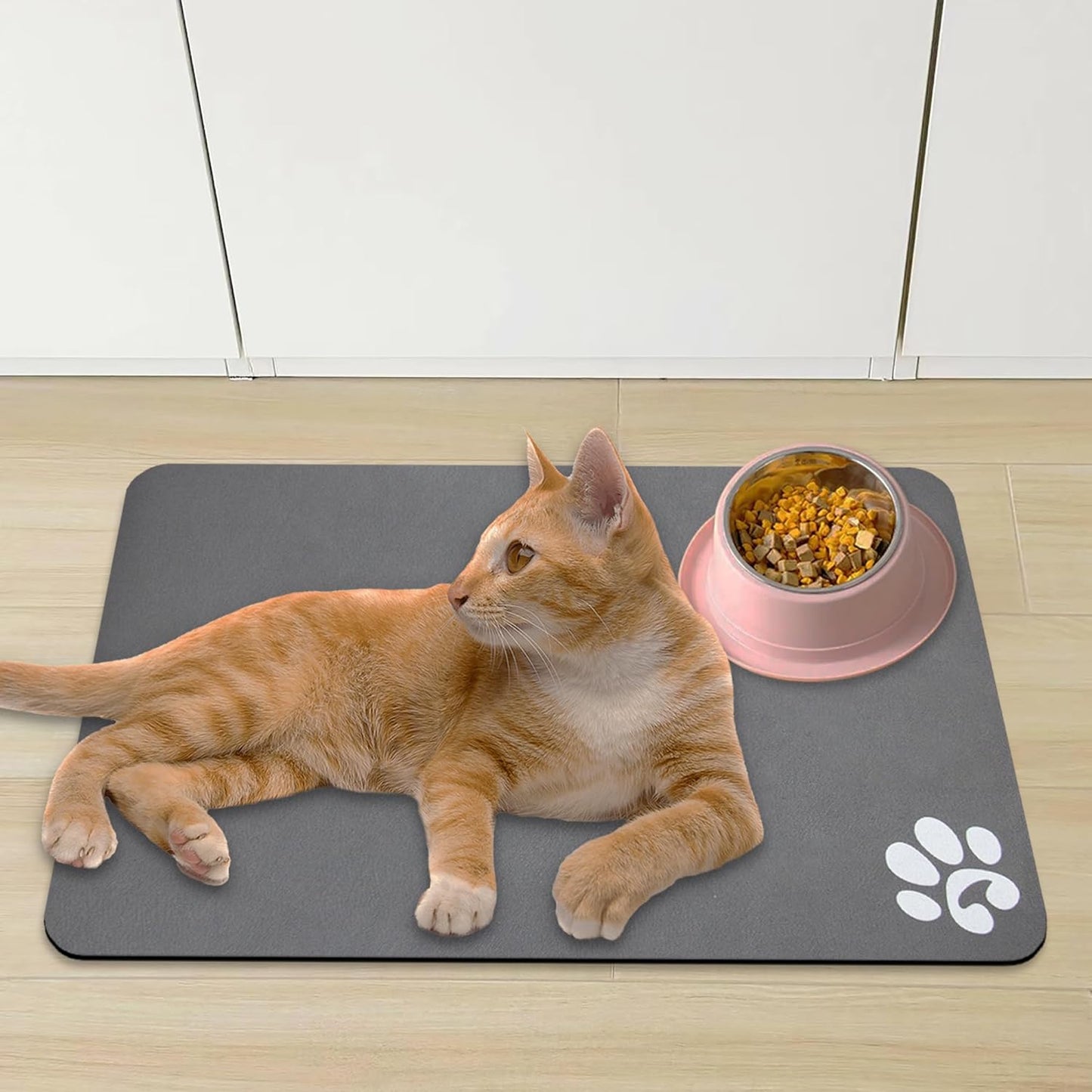 YCT Pet Cat Food Mats for Dog Food Mat, Cat Mat for Food, Pet Dog Cat Feeding Mat Eating Mat Pet Dog Cat Bowl Mats, Non-Slip Super Absorbent, with Footprints Logo,18.1 x 11.8 inches, Black