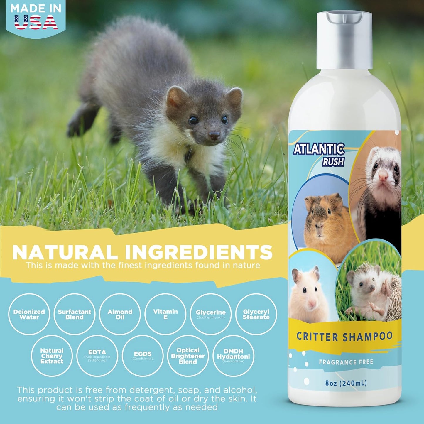 Critter Shampoo for Small Pets -Small Animal Fragrance & Detergent Free Shampoo - Sensitive Skin Shampoo for Ferrets, Guinea Pigs, Rabbits, Hedgehogs, Hamsters & Sugar Gliders (8 oz Fragrance Free)