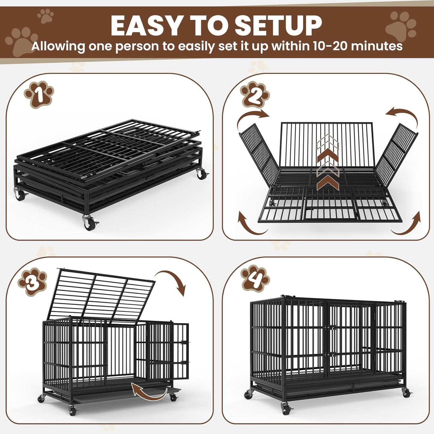 LEVELEVE 48 Inch Heavy Duty Indestructible Dog Crates for Large Dogs,Escape Proof Dog Cage Large Dogs with Lockable Wheels,Dog Kennel Furniture Indoor&Outside