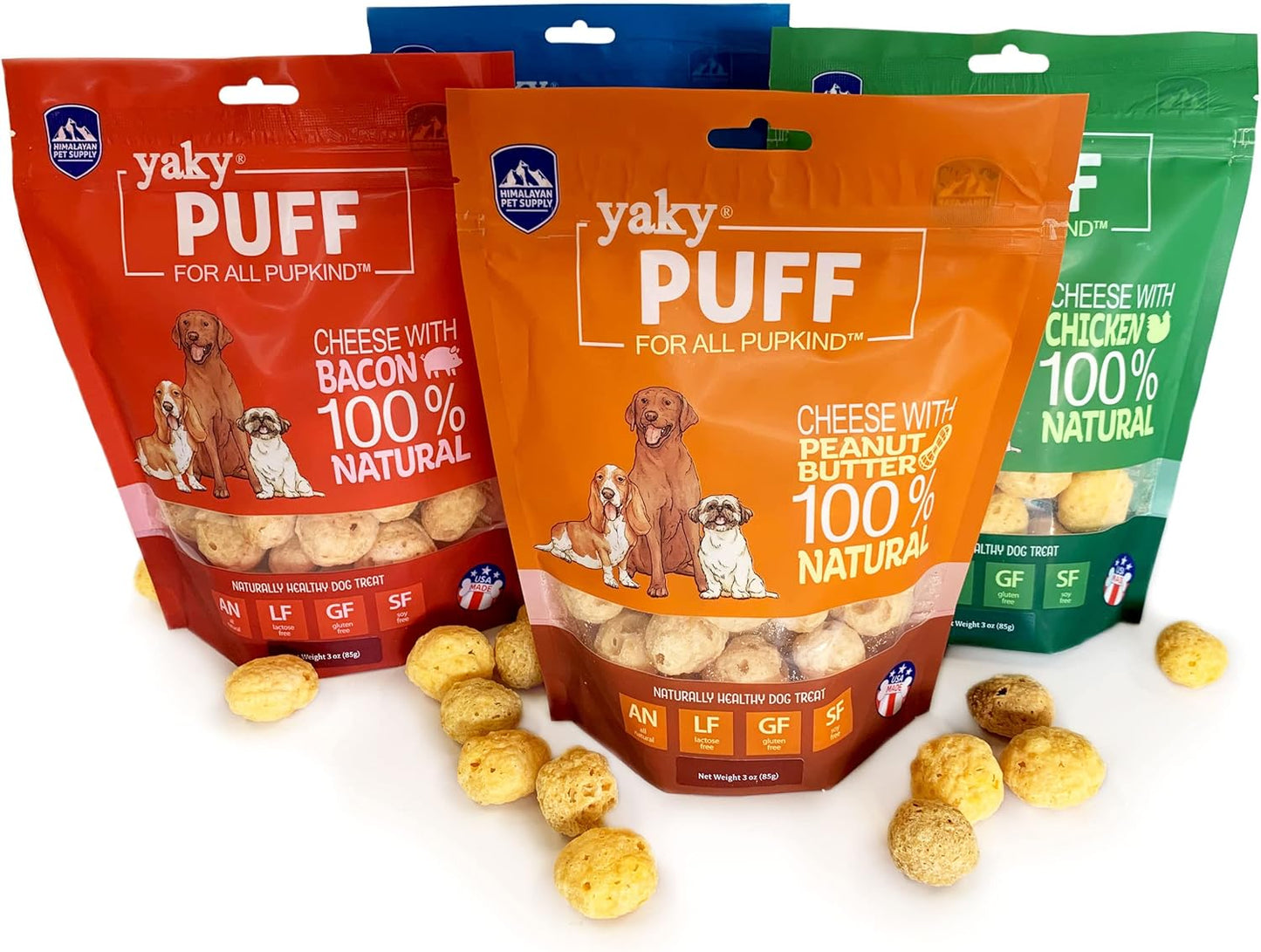 | yakyPUFF Himalayan Cheese Treats | Lactose Free | Gluten Free | Grain Free | USA MADE | For All Breeds | Peanut Butter Flavor Crispy Puffed Treat