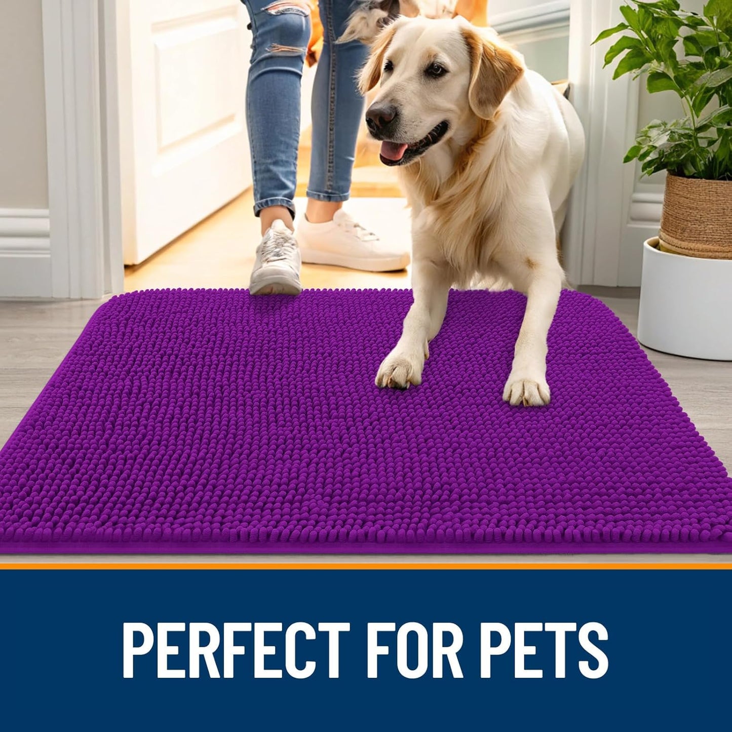 OLANLY Dog Door Mat for Muddy Paws 24x16, Absorbs Moisture and Dirt, Absorbent Non-Slip Washable Doormat, Quick Dry Chenille Mud Mat for Dogs, Entry Indoor Entryway Carpet for Inside Floor, Purple