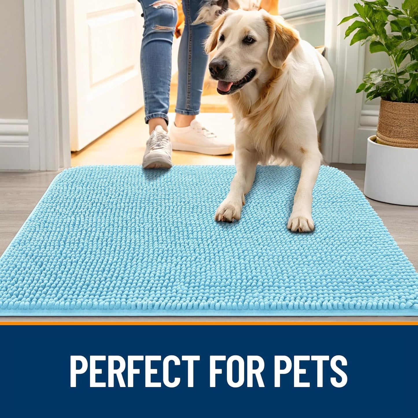OLANLY Dog Door Mat for Muddy Paws 70x24, Absorbs Moisture and Dirt, Absorbent Non-Slip Washable Doormat, Quick Dry Chenille Mud Mat for Dogs, Entry Indoor Entryway Carpet for Inside Floor, Blue