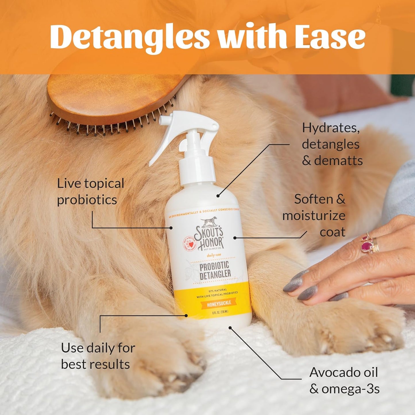 Skout's Honor Pet Detangler Spray - Hydrating & Conditioning with Avocado Oil & Probiotics, 97% Natural, Paraben & Sulfate-Free, softens for a More brushable Coat, Daily Use, 8oz, Honeysuckle, 2-Pack