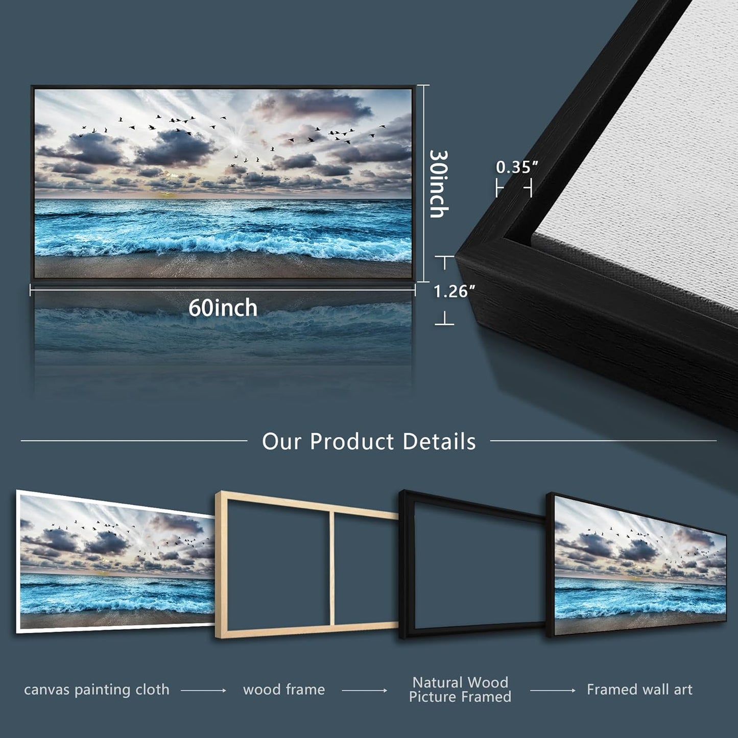 Wapluam Large Wall Decoration For Living Room Black Framed Canvas Wall Art For Bedroom Office Wall Decor Black And White Wall Painting Blue Sea Wave Pictures Artwork Modern Hotel Room Home Wall Art