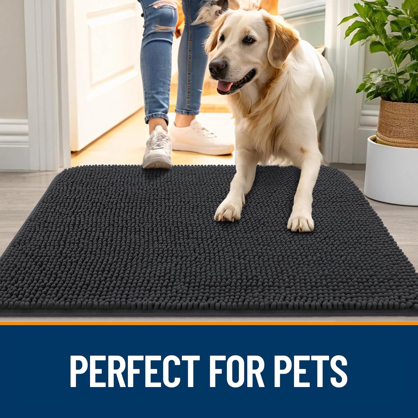 OLANLY Dog Door Mat for Muddy Paws 40x24, Absorbs Moisture and Dirt, Absorbent Non-Slip Washable Doormat, Quick Dry Chenille Mud Mat for Dogs, Entry Indoor Entryway Carpet for Inside Floor, Dark Grey